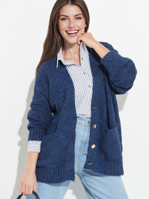Gilet long chaud avec laine et boutons métal Femme Bleu JS-JP-7985 MV1