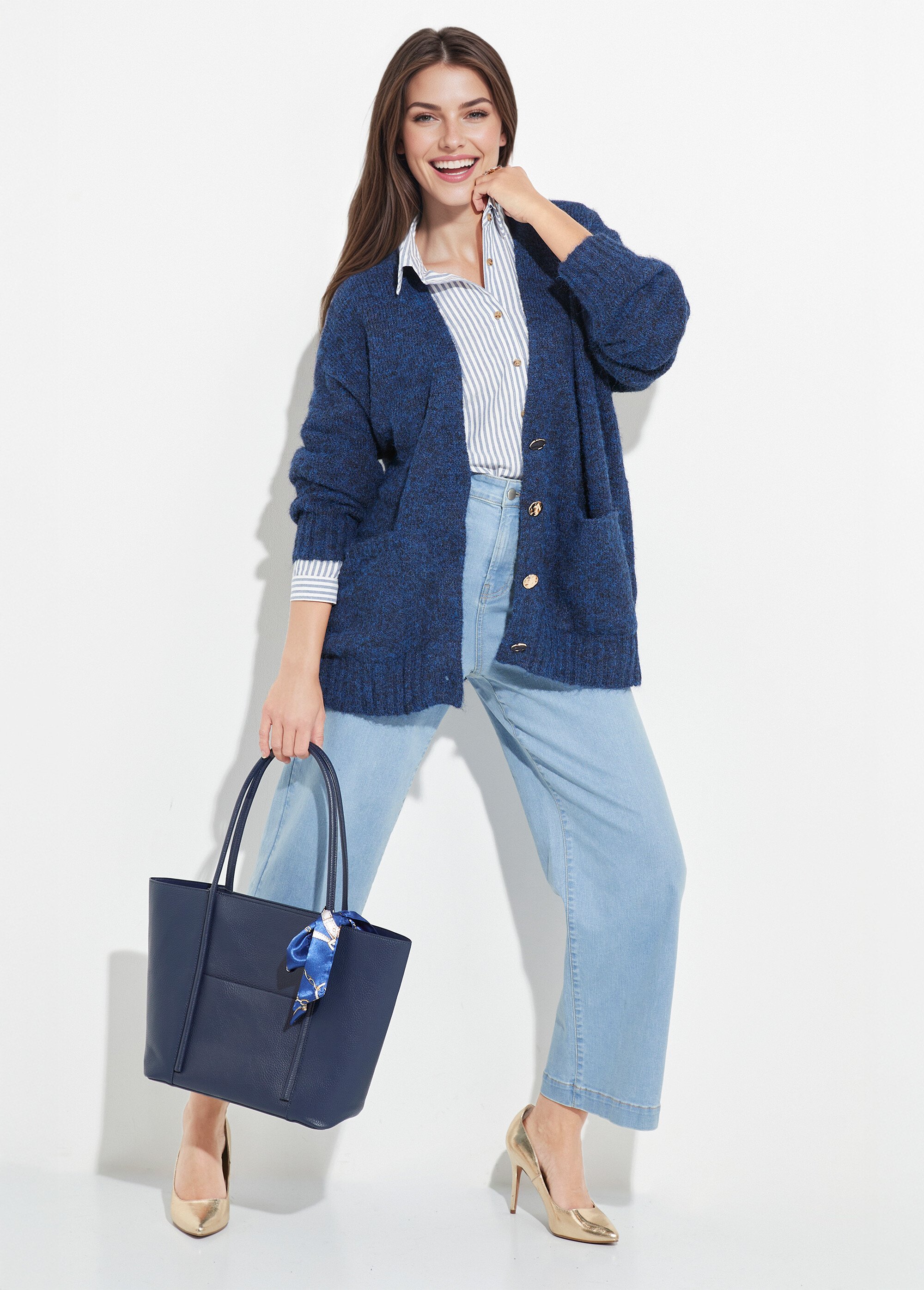 Gilet long chaud avec laine et boutons métal Femme Bleu JS-JP-7985 SI1