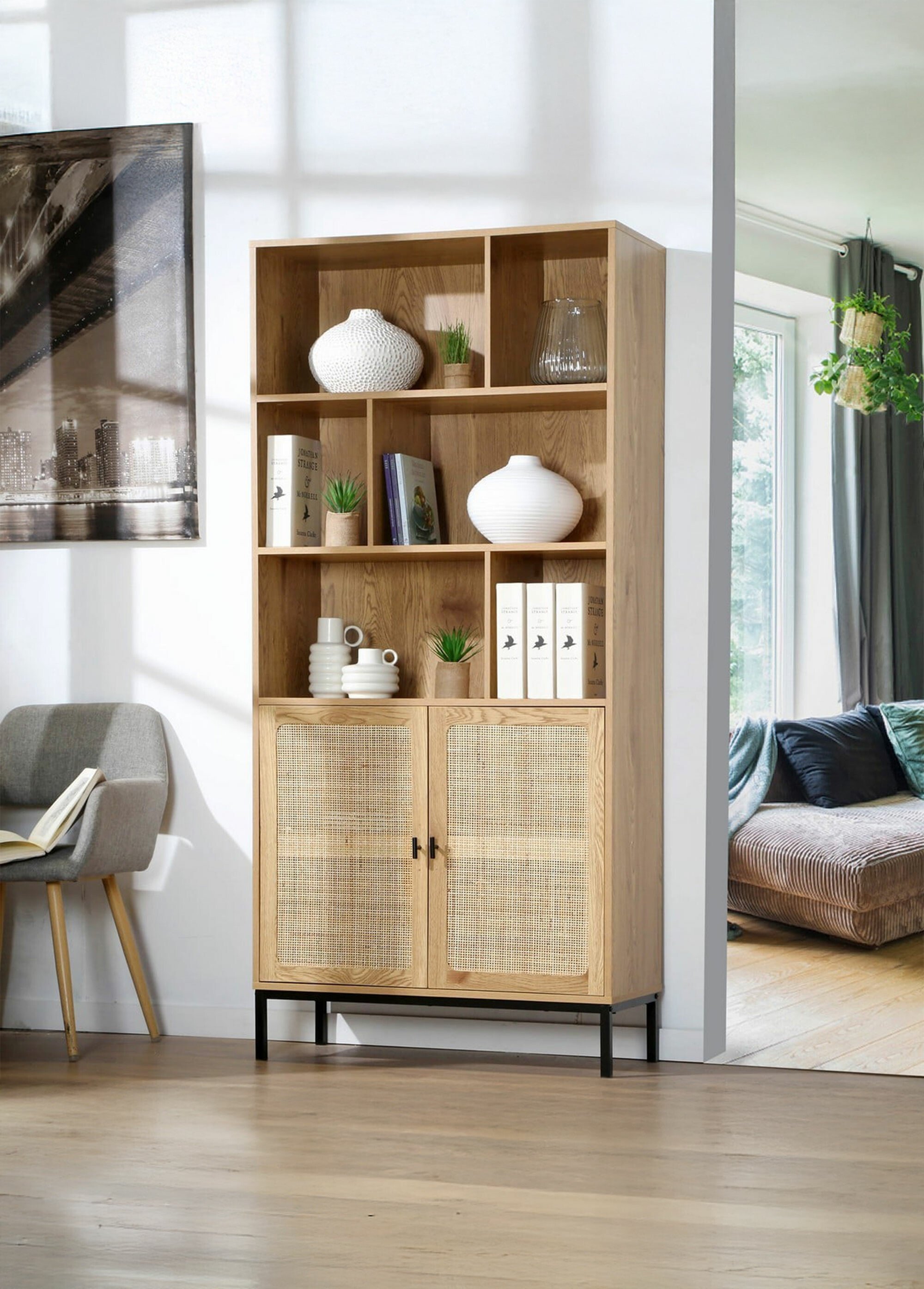 JAYA Bibliothèque 6 cases décor rotin BEIGE CAL-13480133 SI1