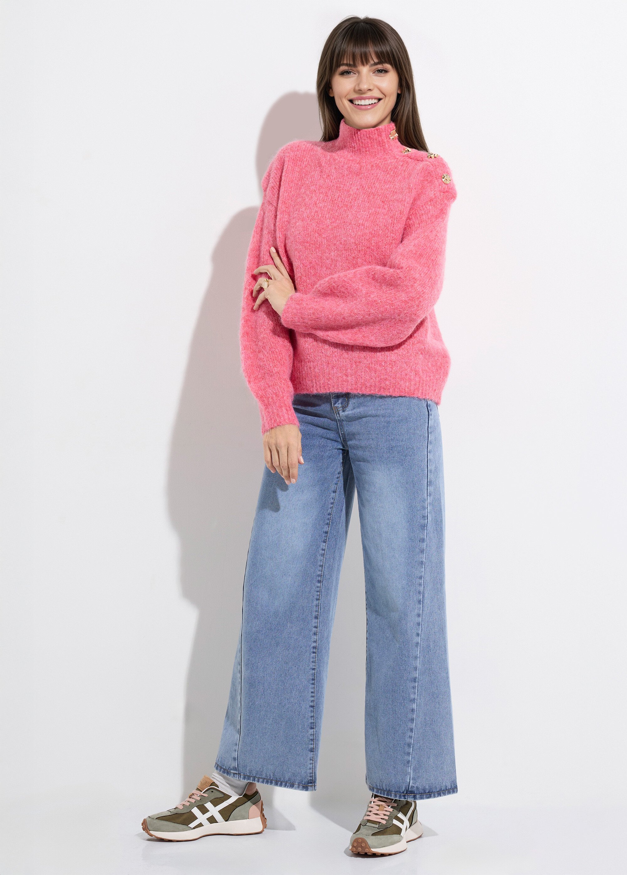 Pull col montant avec boutons bijou Femme Rose JS-JP-8056 SF1