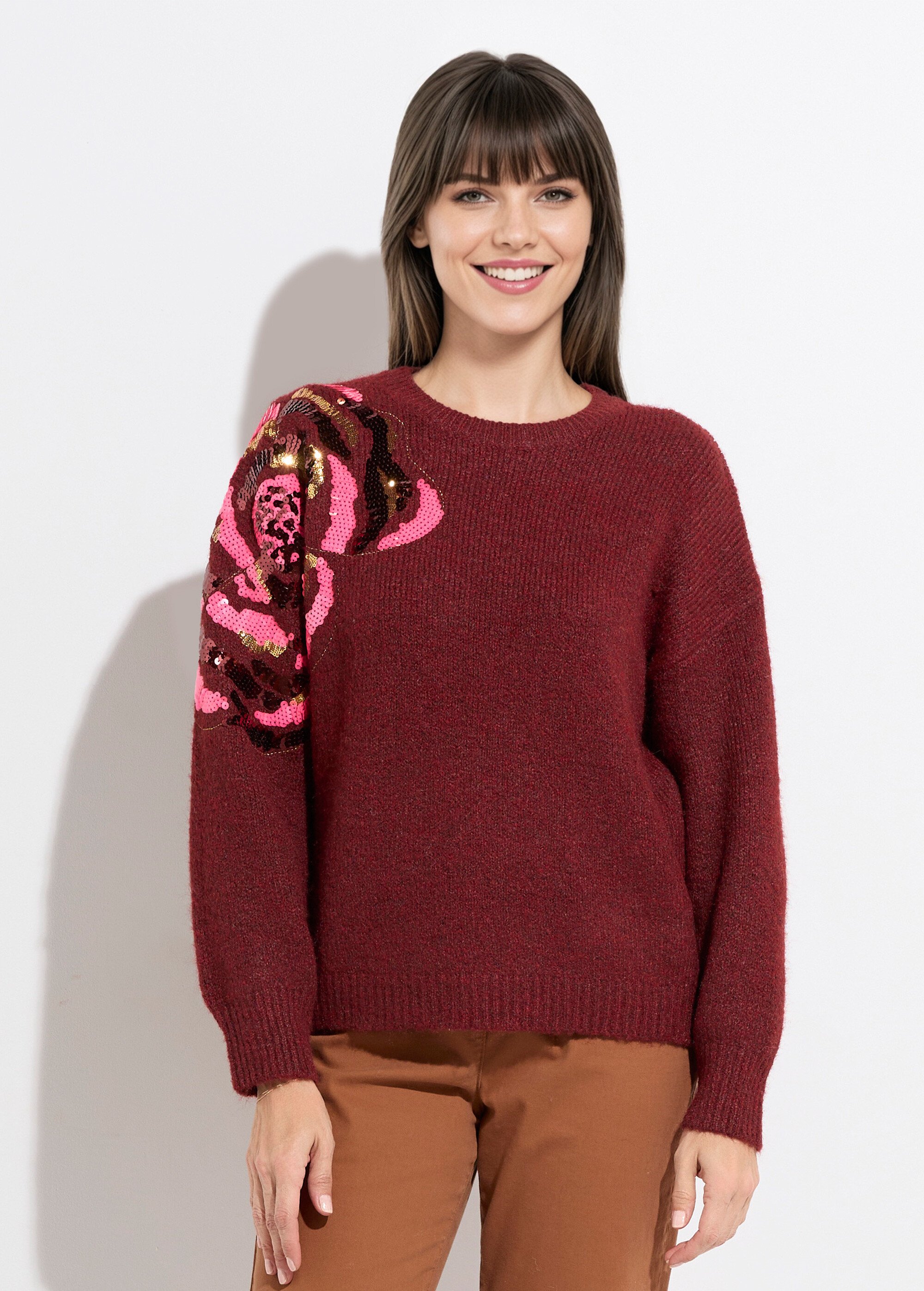 Pull col rond, animation fleur sequins Femme Rouge JS-JP-7788 FA1
