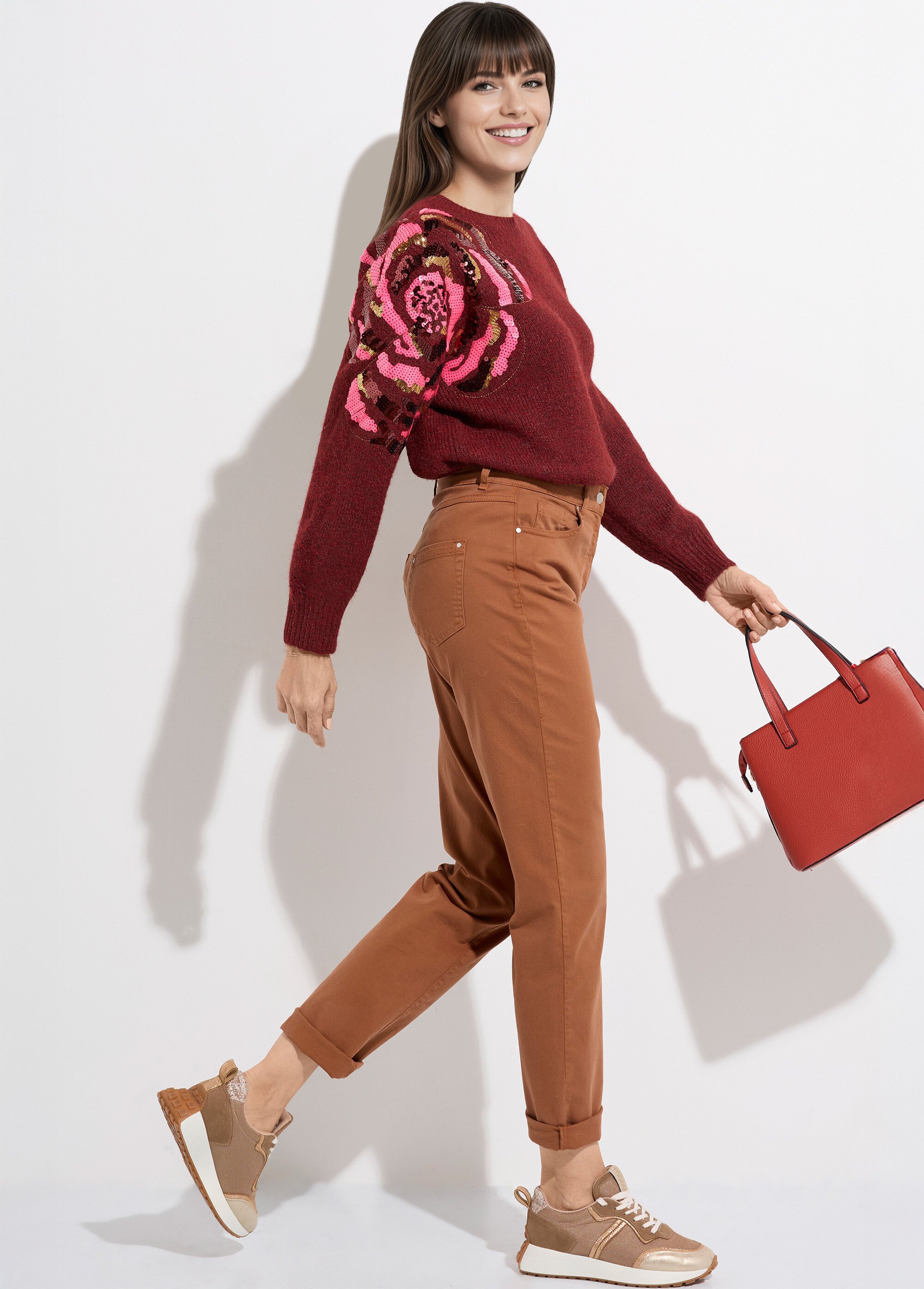 Pull col rond, animation fleur sequins Femme Rouge JS-JP-7788 SI1