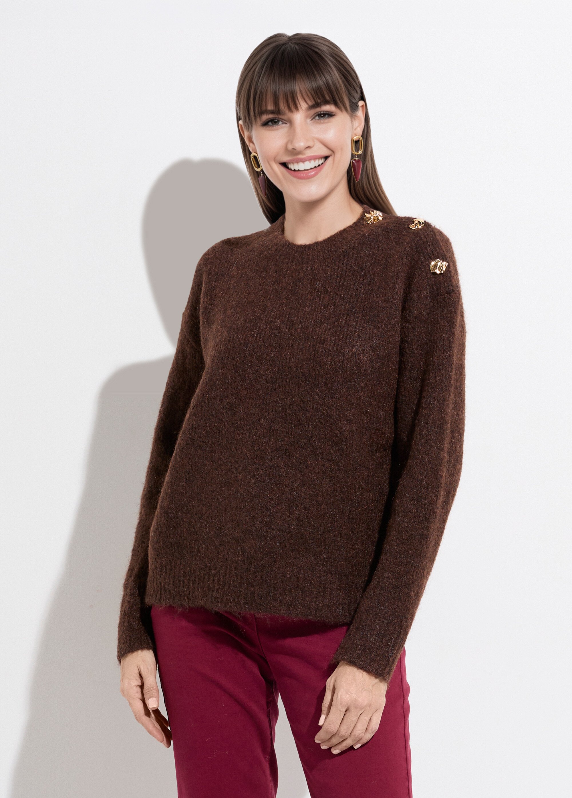 Pull col rond, boutons bijou en métal Femme Marron JS-JP-8055 FA1