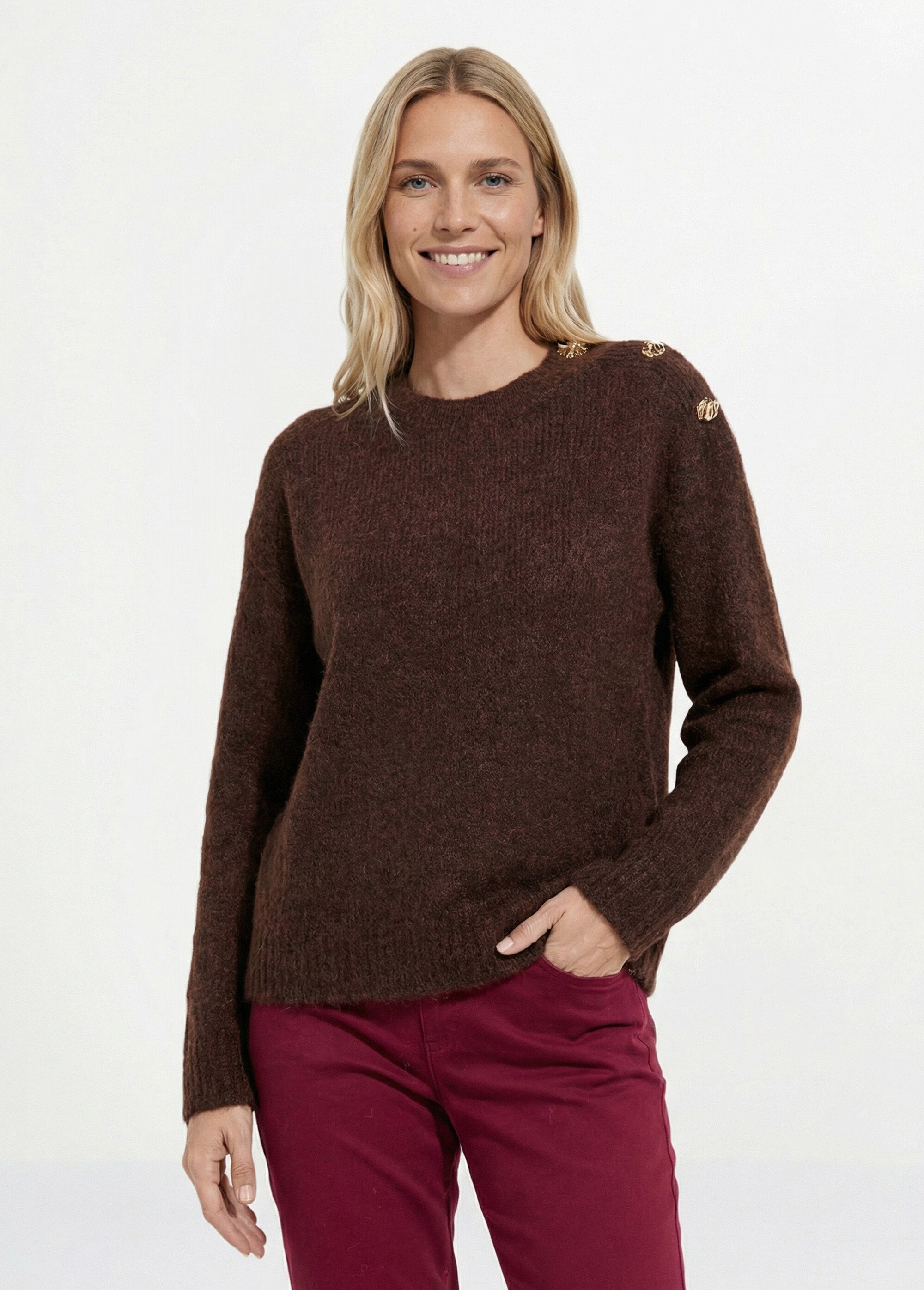 Pull col rond, boutons bijou en métal Femme Marron JS-JP-8055 FA1