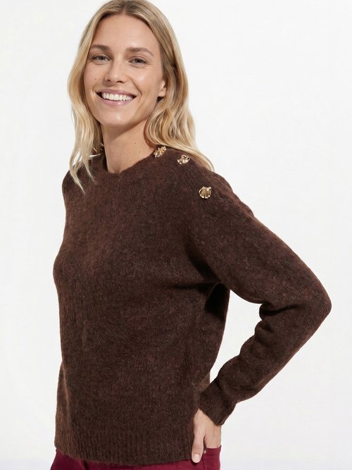 Pull col rond, boutons bijou en métal Femme Marron JS-JP-8055 MV1