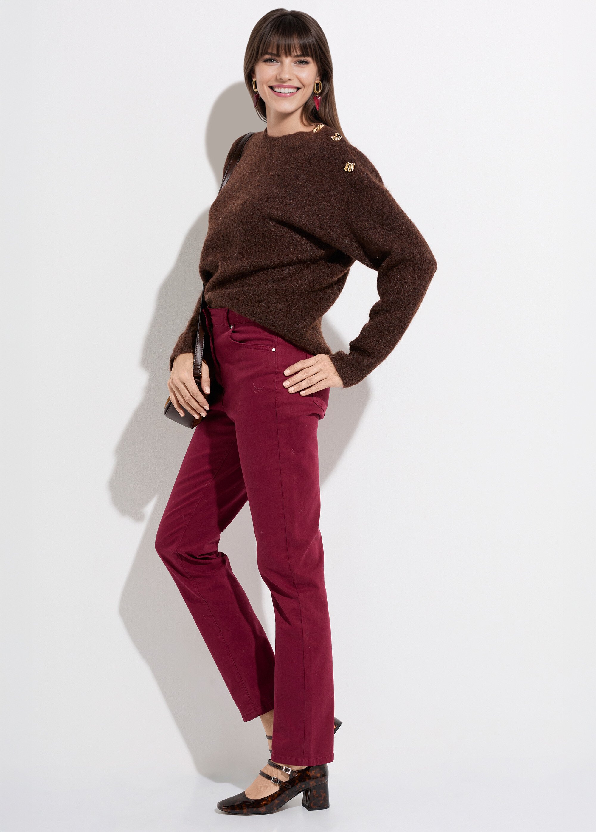 Pull col rond, boutons bijou en métal Femme Marron JS-JP-8055 SI1