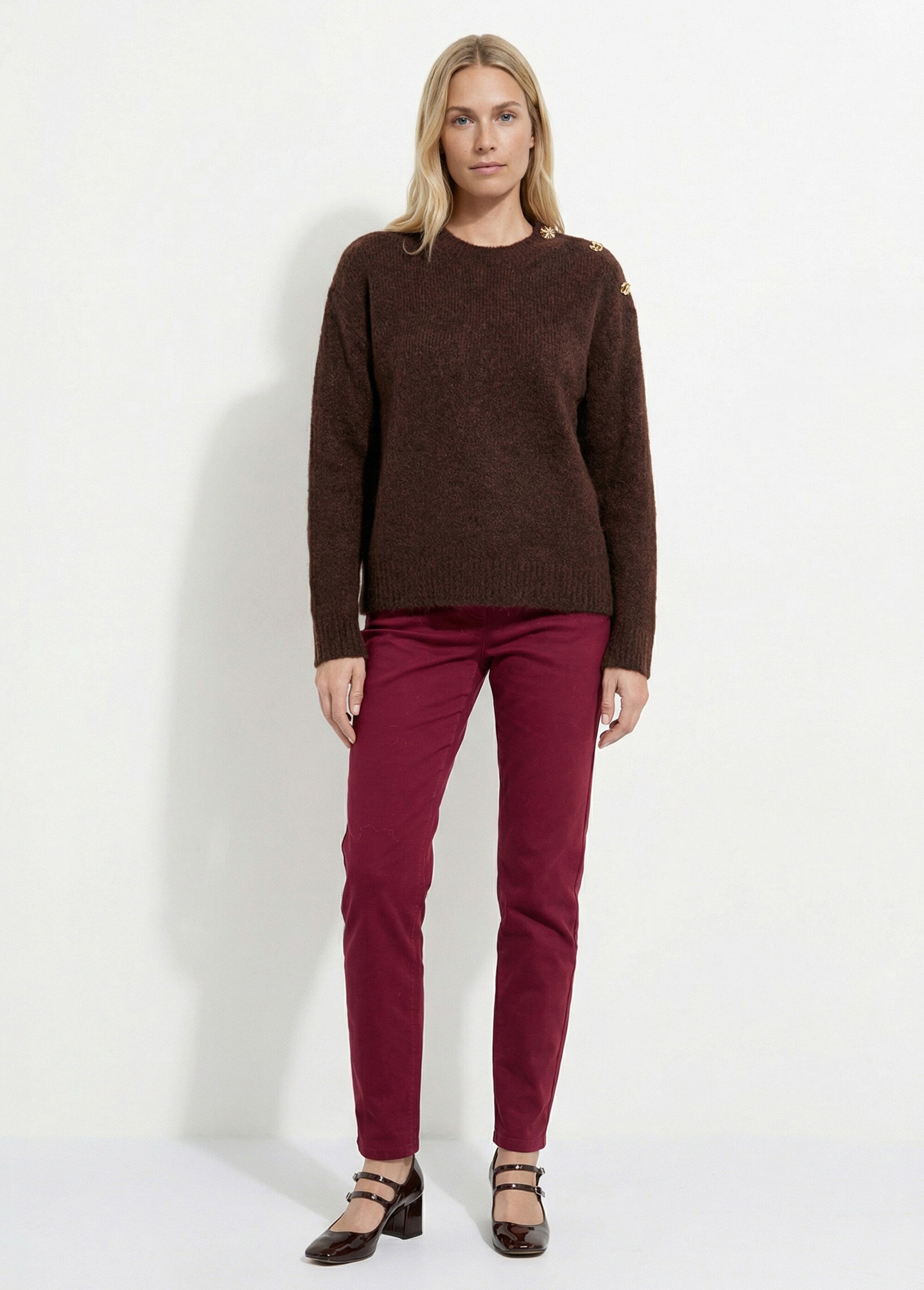 Pull col rond, boutons bijou en métal Femme Marron JS-JP-8055 SI1