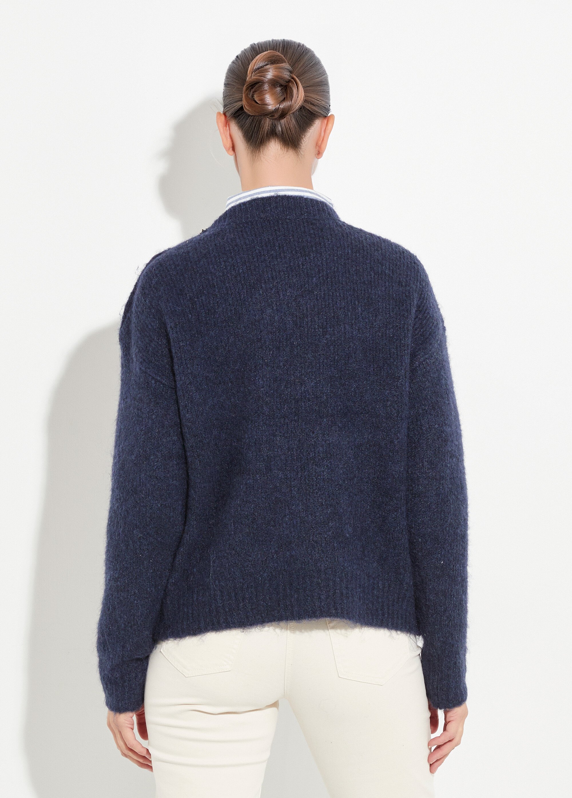 Pull col rond, boutons bijou en métal Femme Bleu JS-JP-8055 DO1