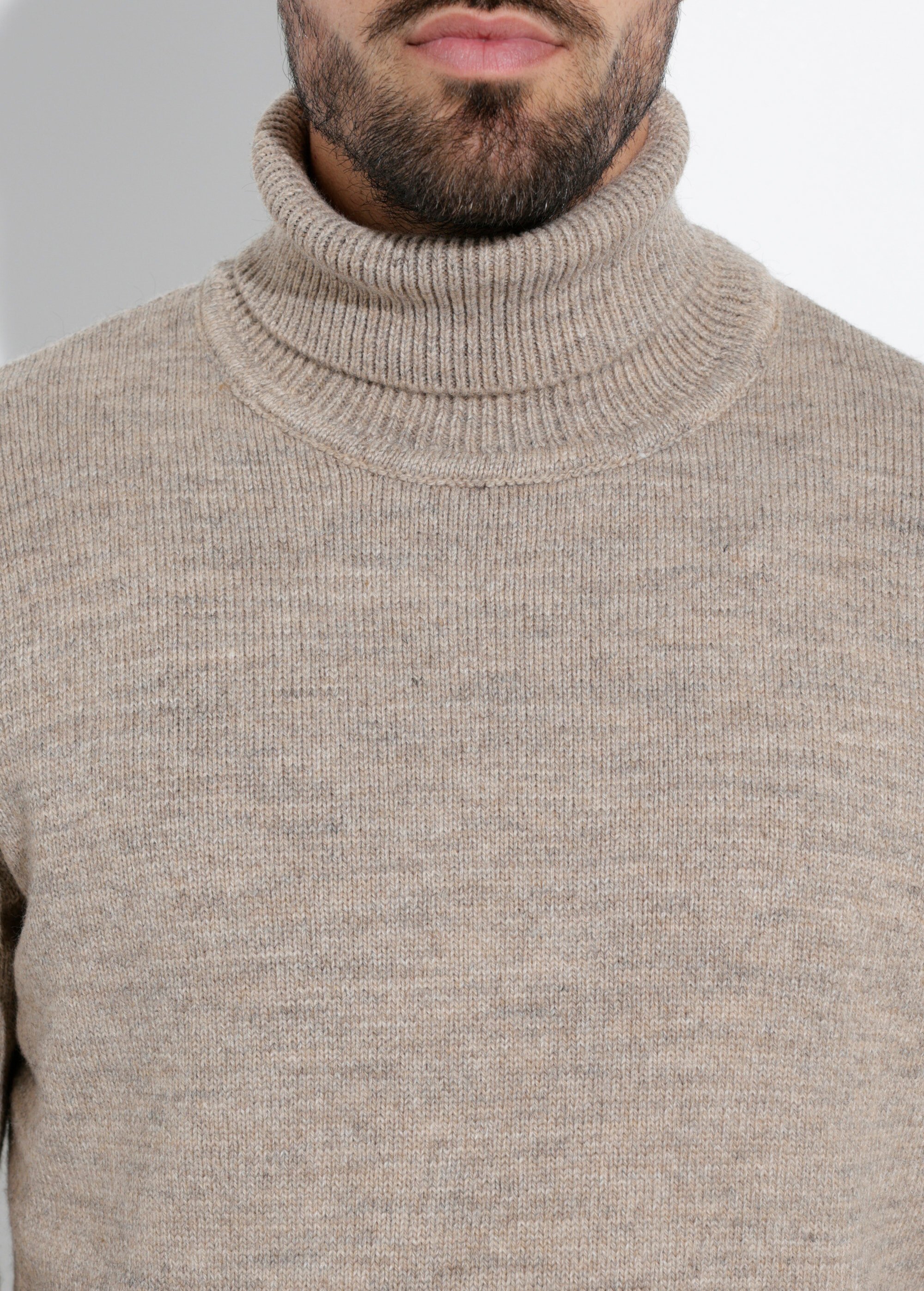 Pull col roulé chaud laine, fines cotes Homme Beige STI23003 DE1