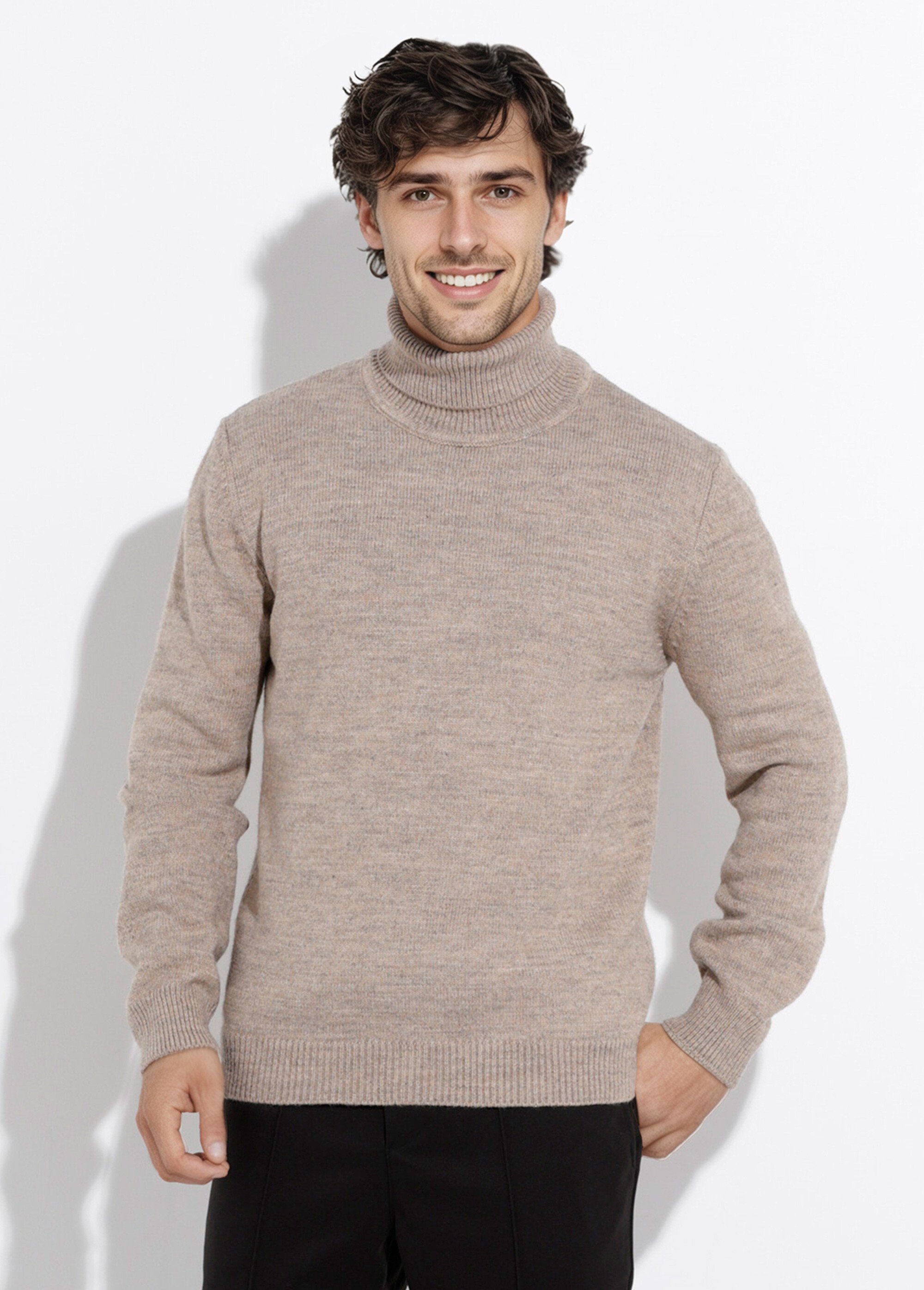 Pull col roulé chaud laine, fines cotes Homme Beige STI23003 FA1