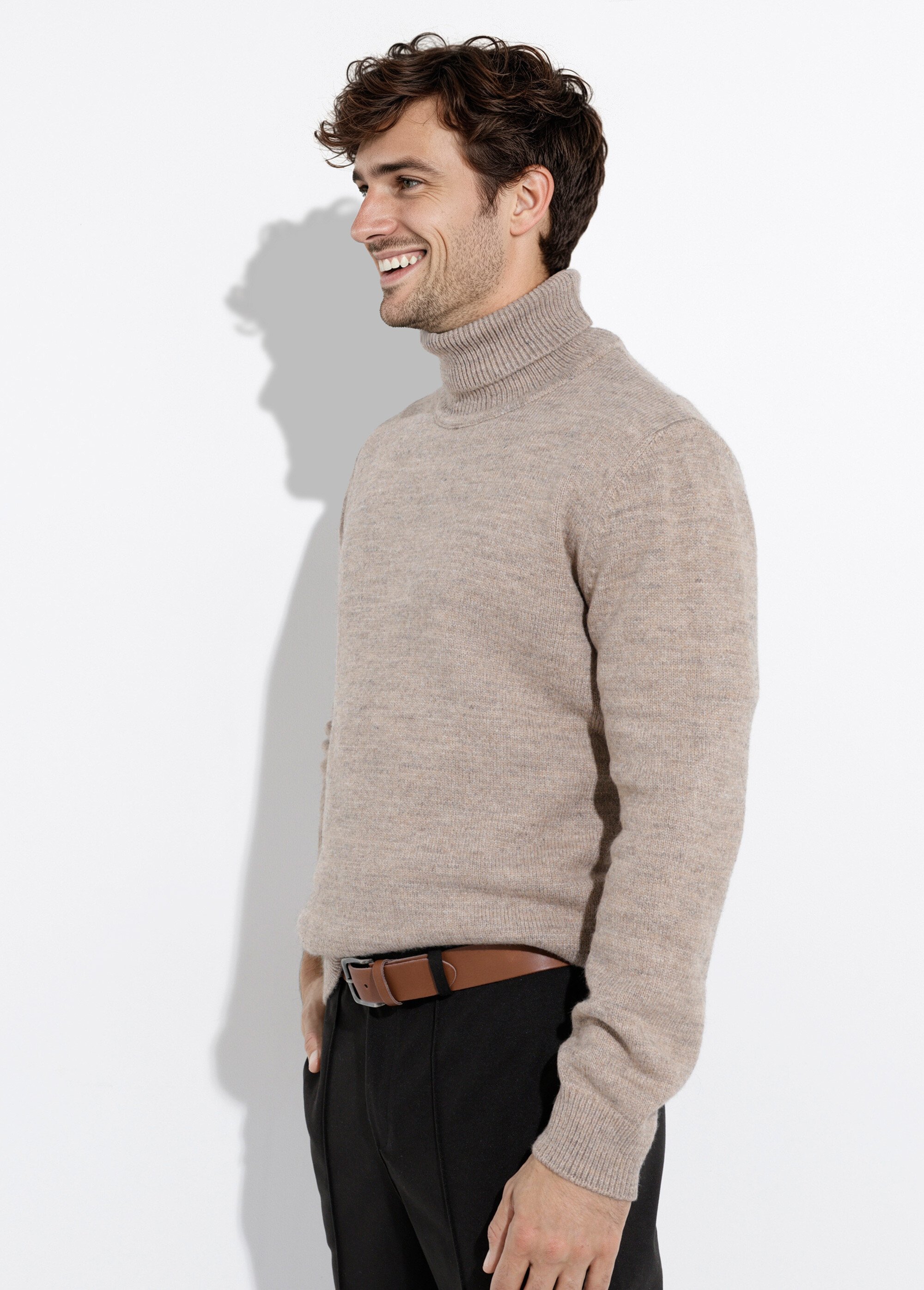 Pull col roulé chaud laine, fines cotes Homme Beige STI23003 MV1