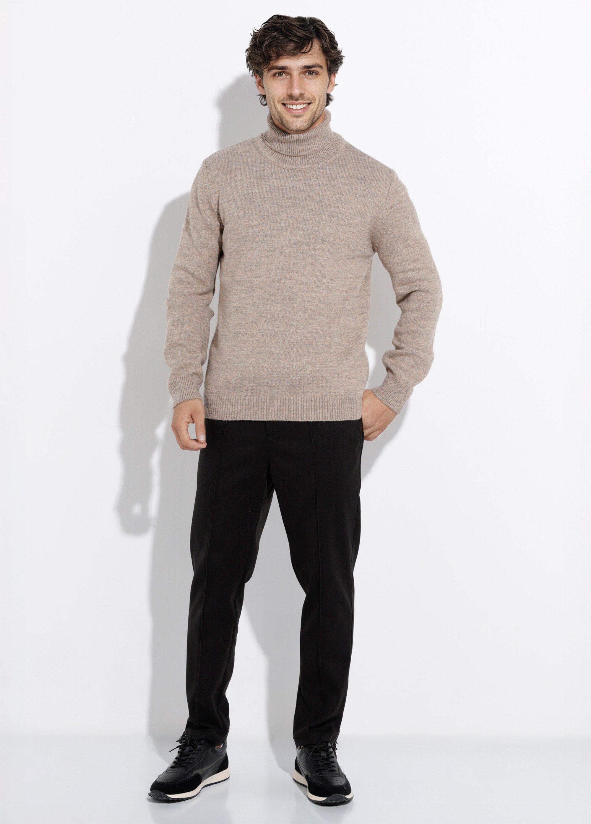 Pull col roulé chaud laine, fines cotes Homme Beige STI23003 SF1