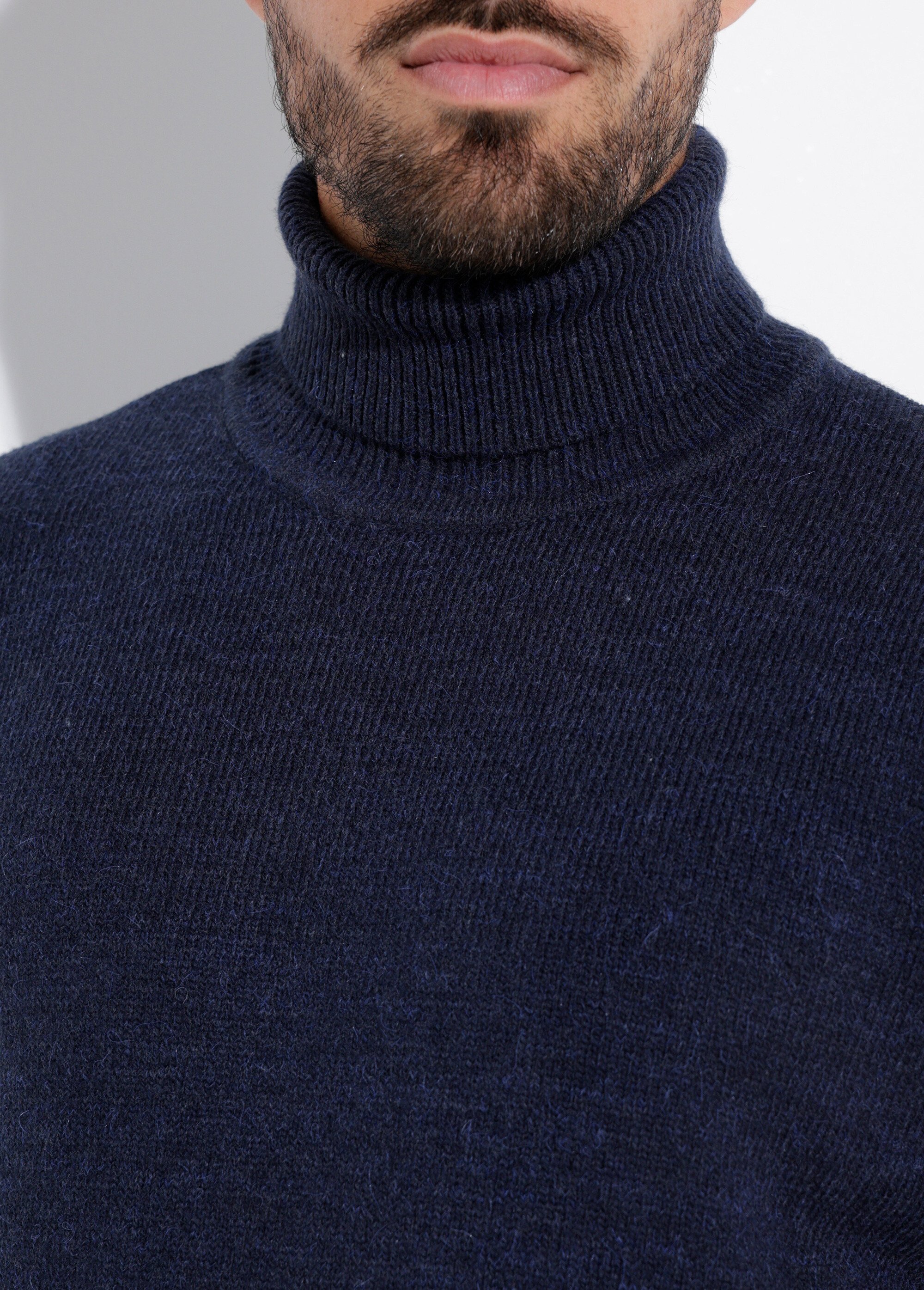 Pull col roulé chaud laine, fines cotes Homme Bleu STI23003 DE1