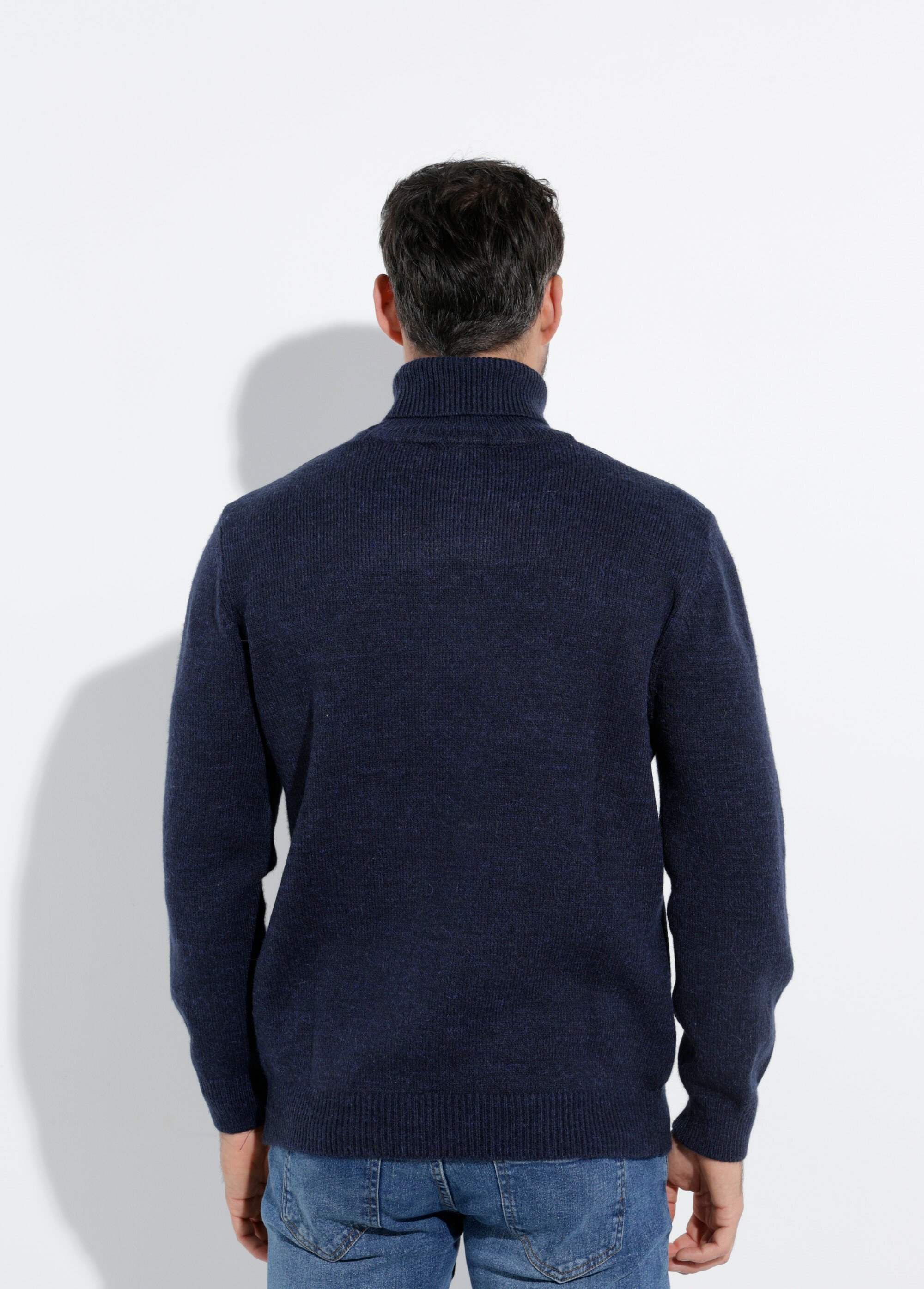 Pull col roulé chaud laine, fines cotes Homme Bleu STI23003 DO1