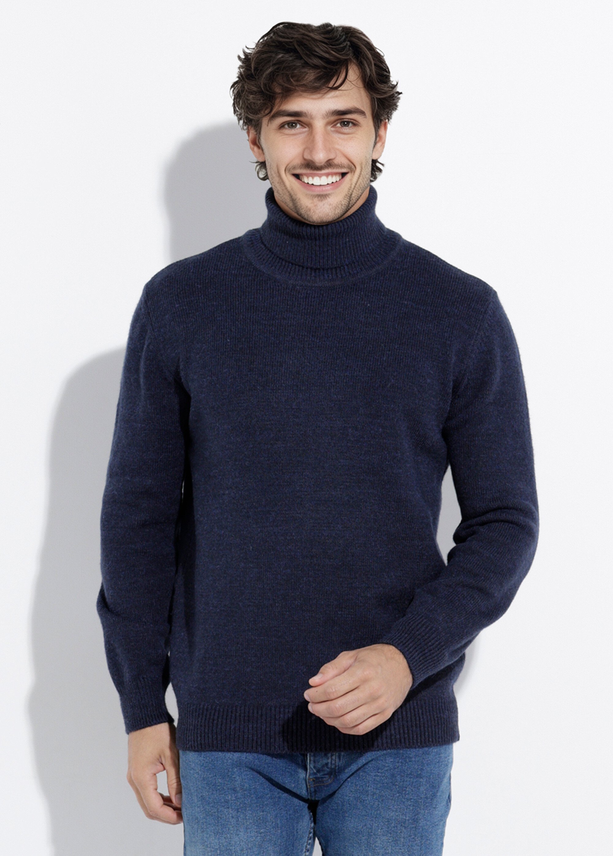 Pull col roulé chaud laine, fines cotes Homme Bleu STI23003 FA1