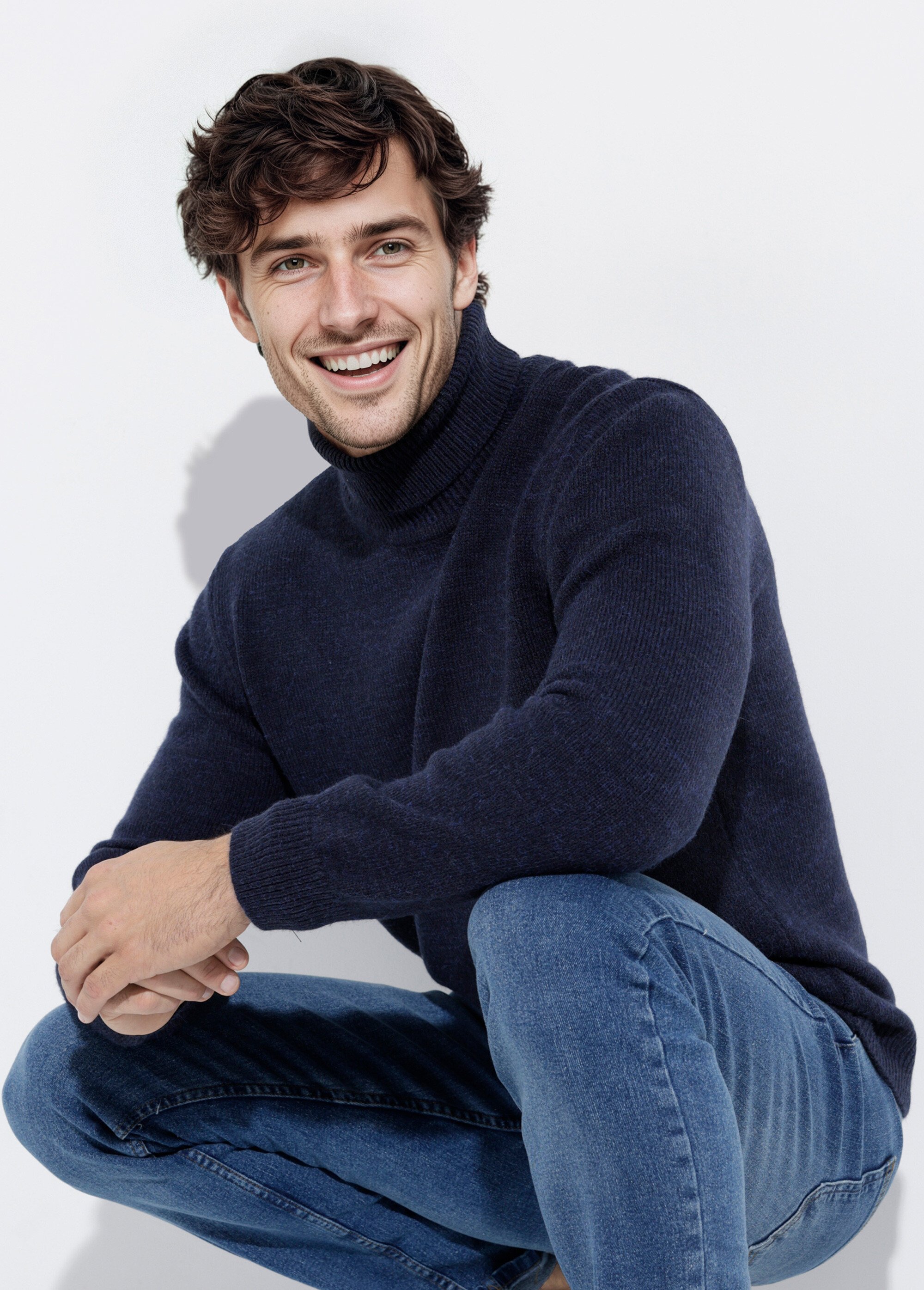 Pull col roulé chaud laine, fines cotes Homme Bleu STI23003 MV1