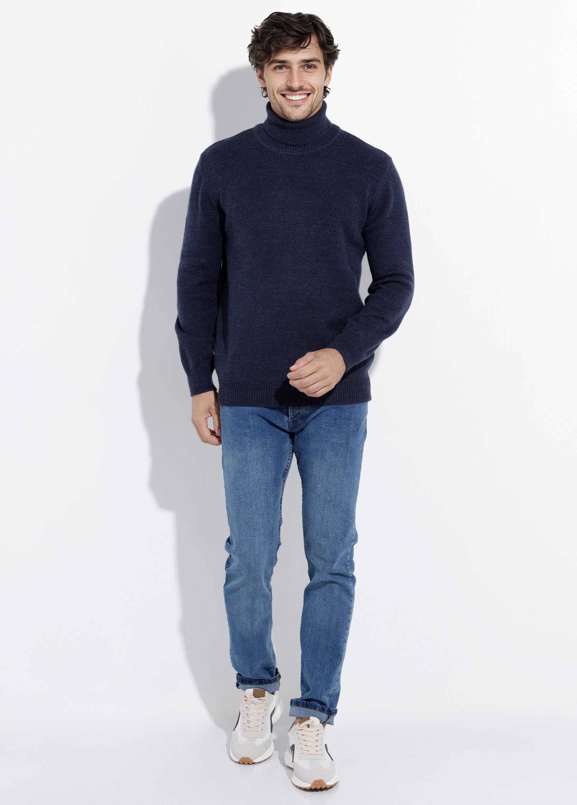 Pull col roulé chaud laine, fines cotes Homme Bleu STI23003 SF1