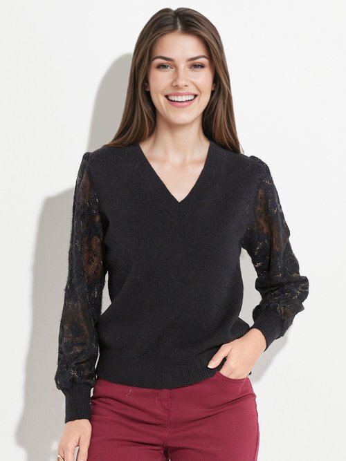 Pull col V en maille, manches dentelle Femme Noir JS-JP-7831 FA1