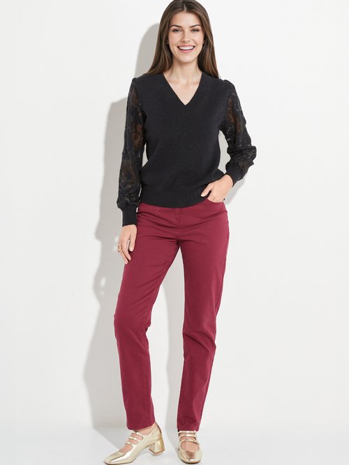 Pull col V en maille, manches dentelle Femme Noir JS-JP-7831 SF1