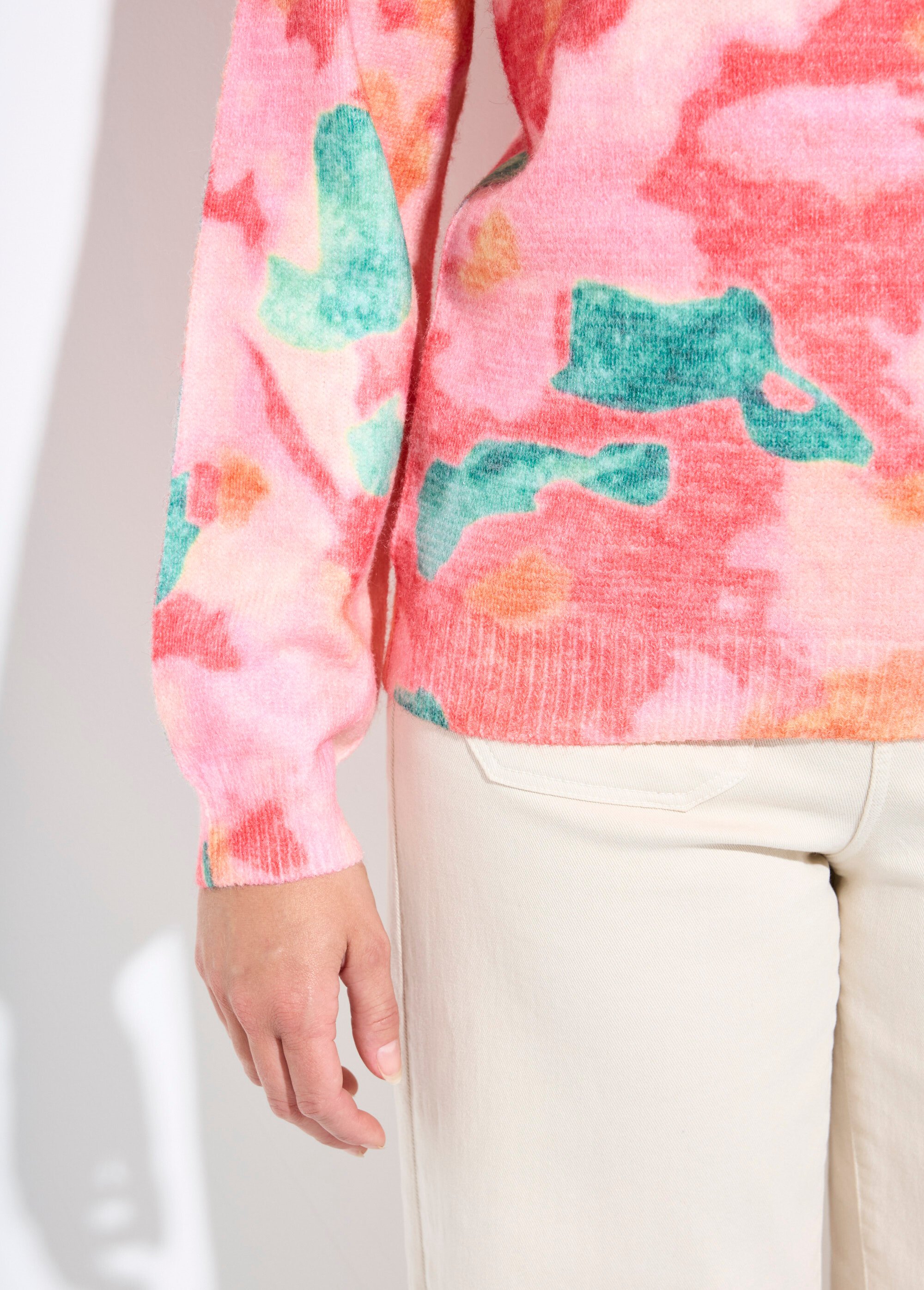 Pull doux col rond imprimé floral Femme IMPRIME CORAIL PACCO DE2