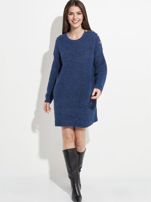 Robe pull chaude avec laine + boutons métal Femme Bleu JS-JP-7977 FA1