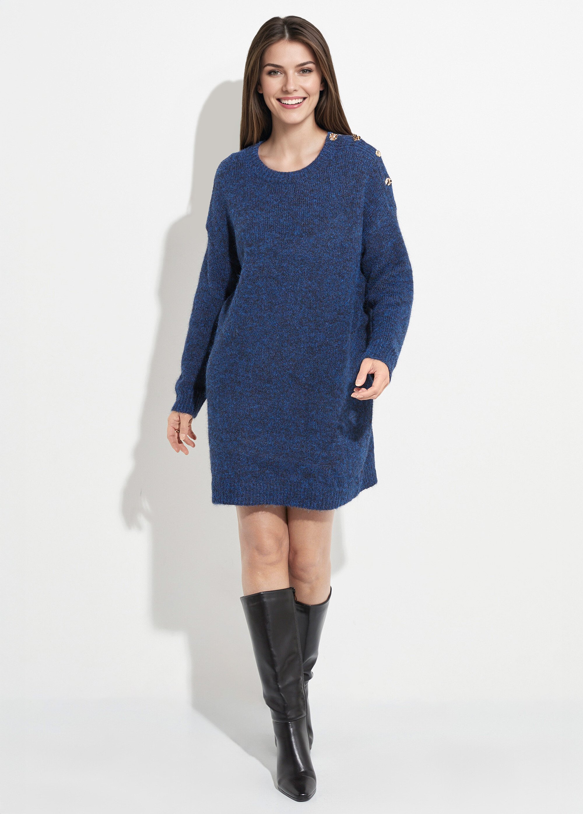Robe pull chaude avec laine + boutons métal Femme Bleu JS-JP-7977 FA1