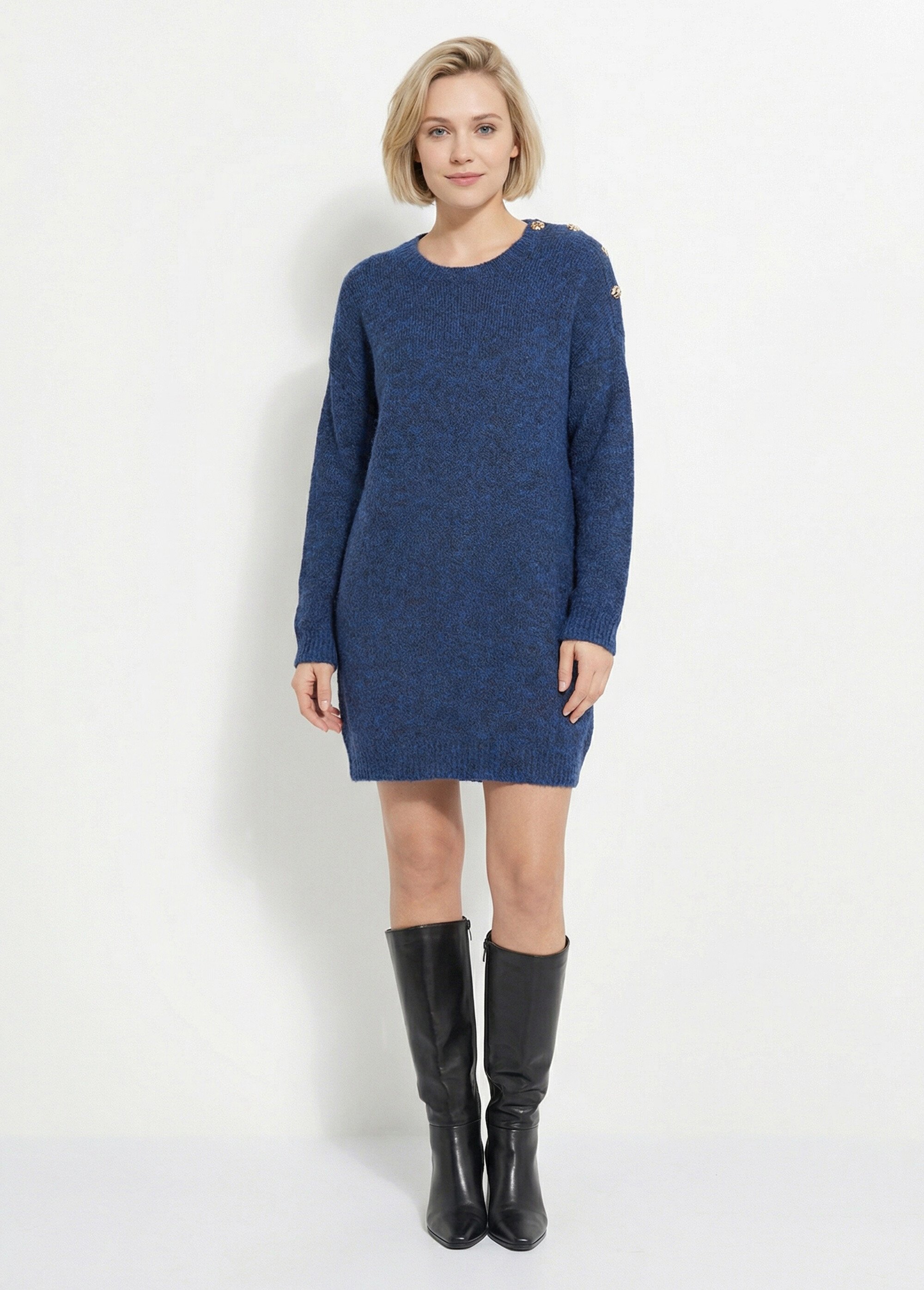 Robe pull chaude avec laine + boutons métal Femme Bleu JS-JP-7977 FA1