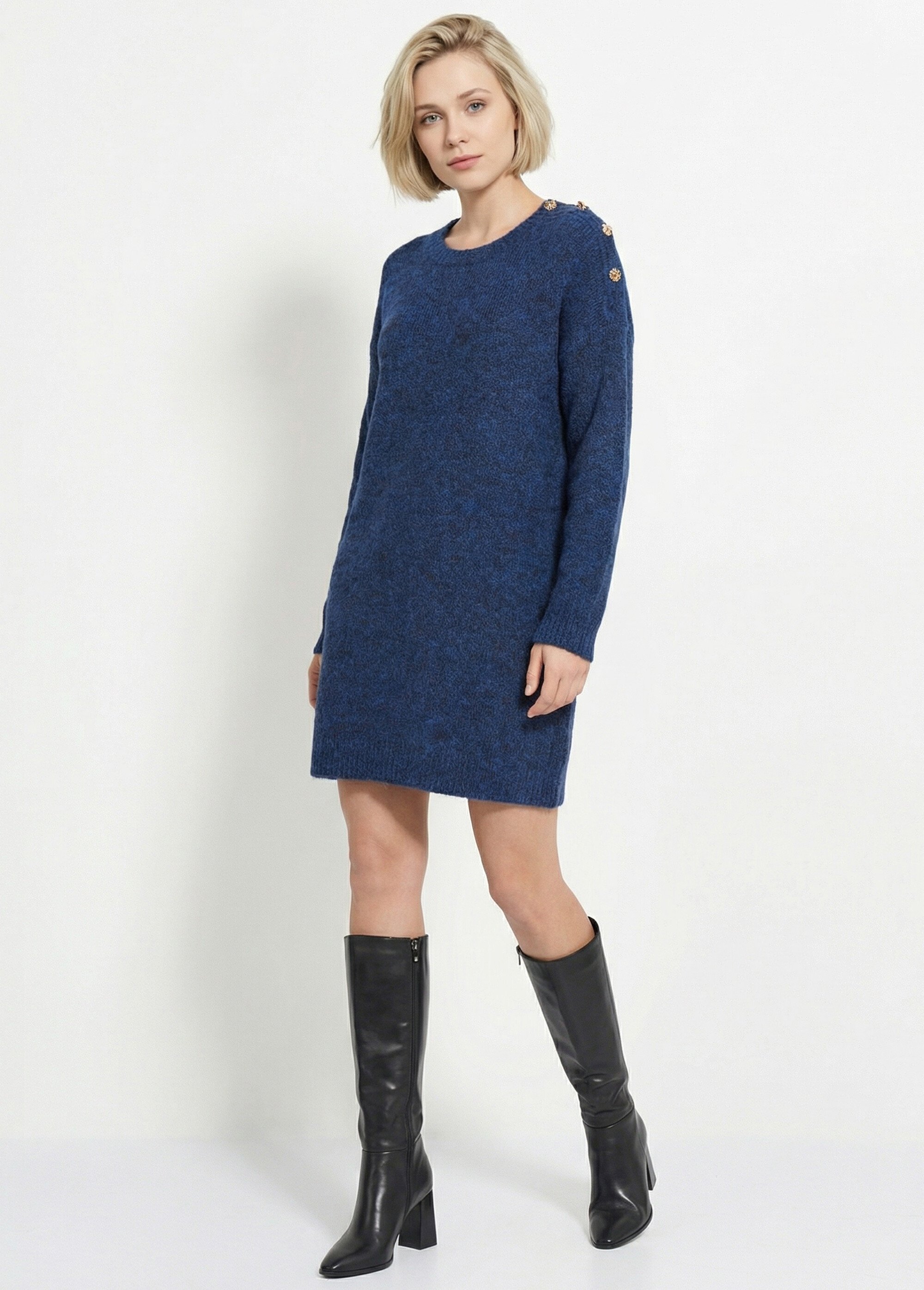 Robe pull chaude avec laine + boutons métal Femme Bleu JS-JP-7977 MV1