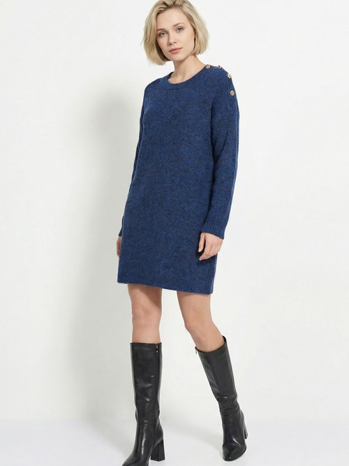 Robe pull chaude avec laine + boutons métal Femme Bleu JS-JP-7977 MV1