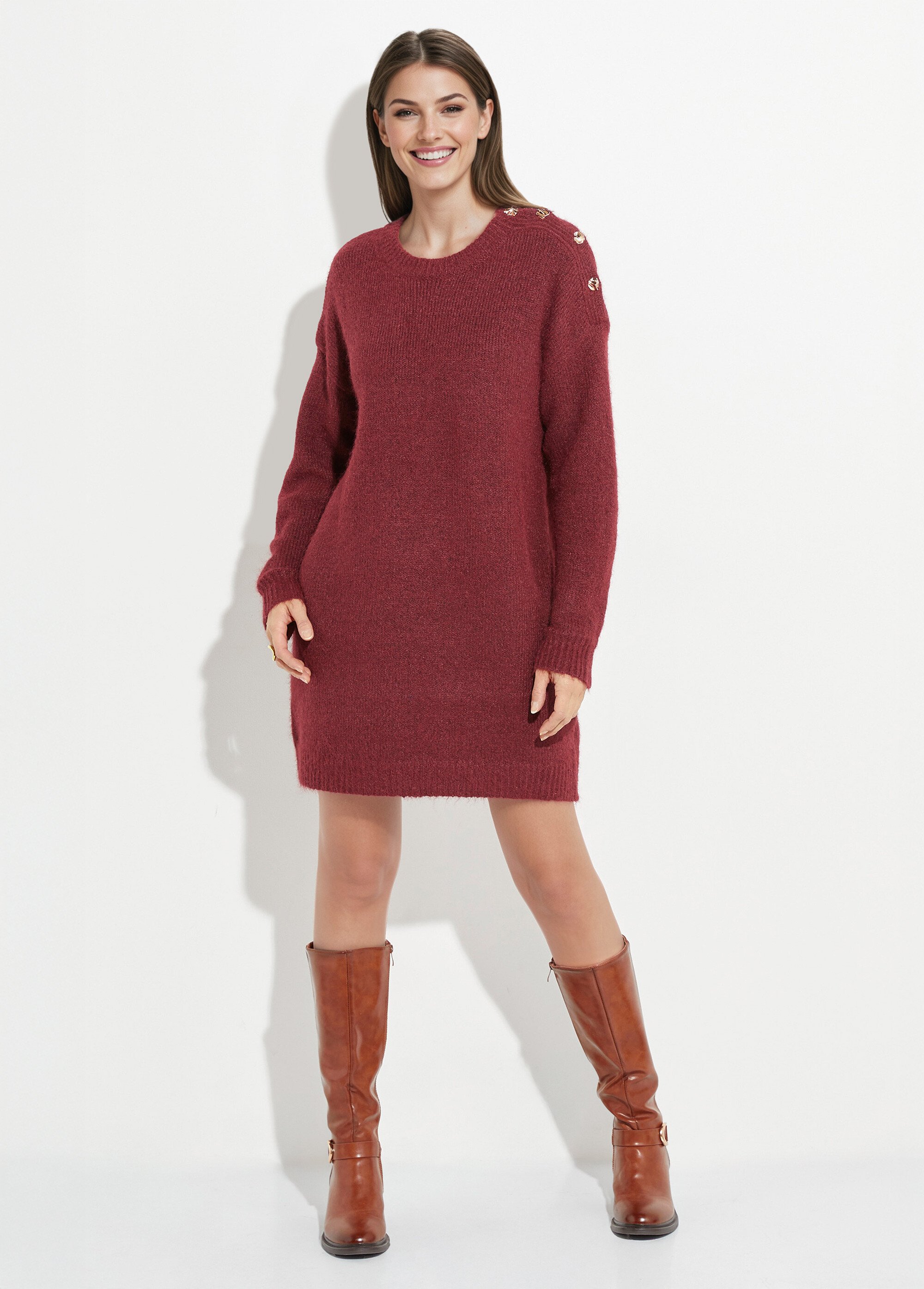 Robe pull chaude avec laine + boutons métal Femme Rouge JS-JP-7977 FA1