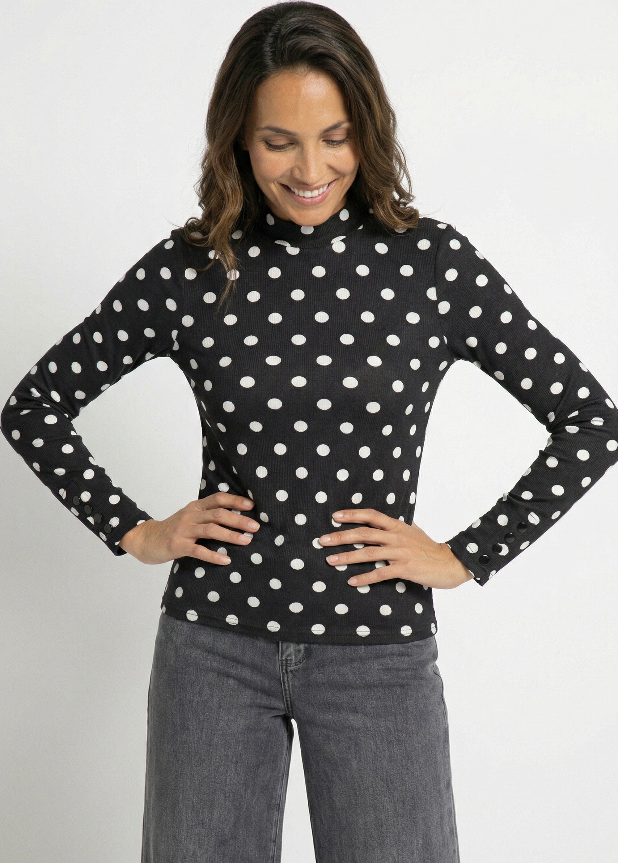 T-shirt cotelé à pois et col montant Femme Noir IA-D595 MV1