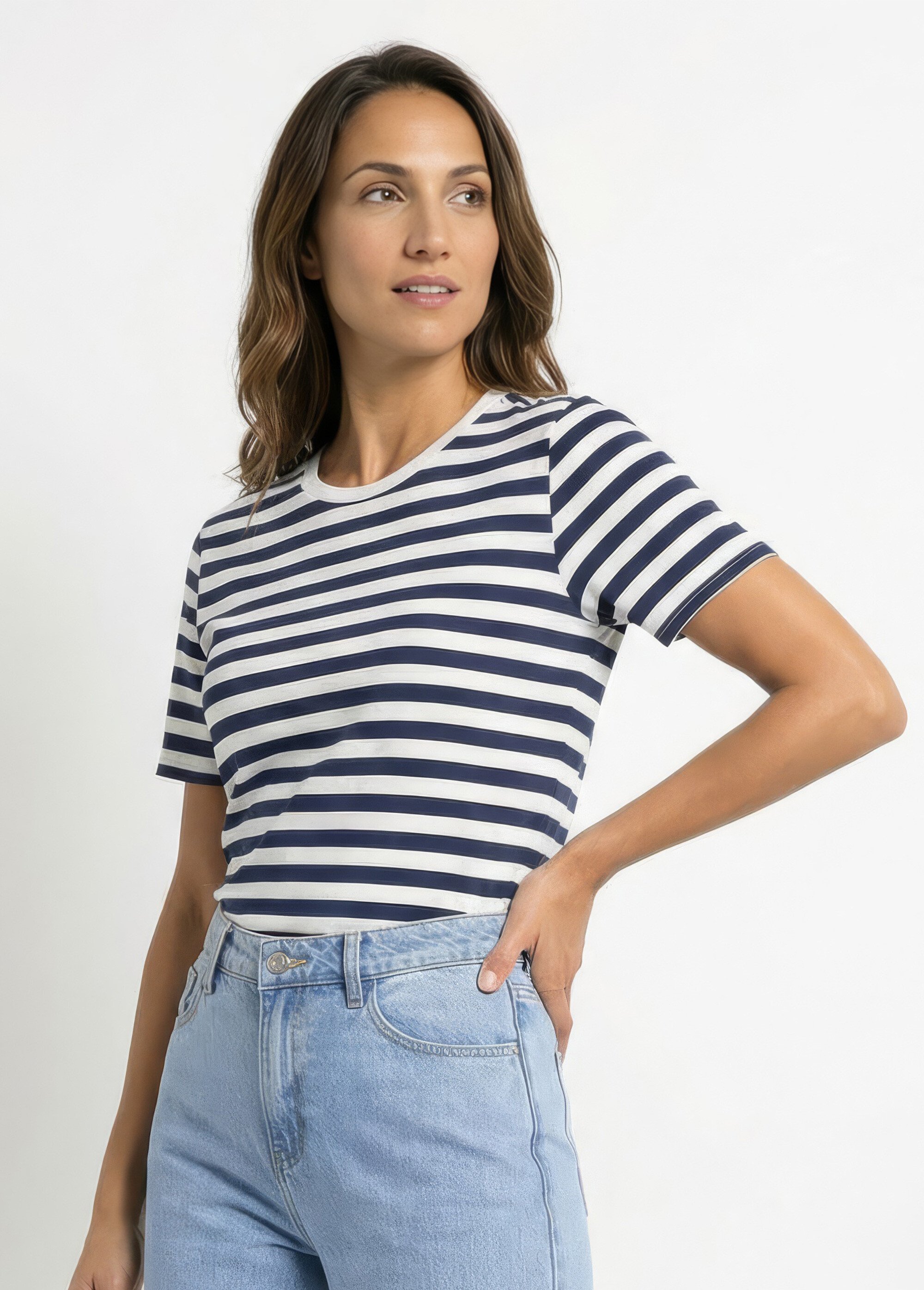 T-shirt marinière en coton stretch Femme Bleu IA-M1306 MV1