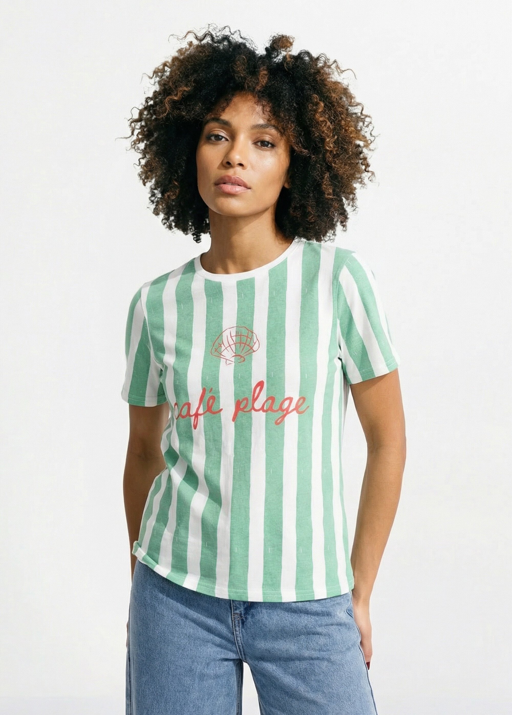 T-shirt rayé col rond message Café plage Femme Vert IA-M1303 FA1