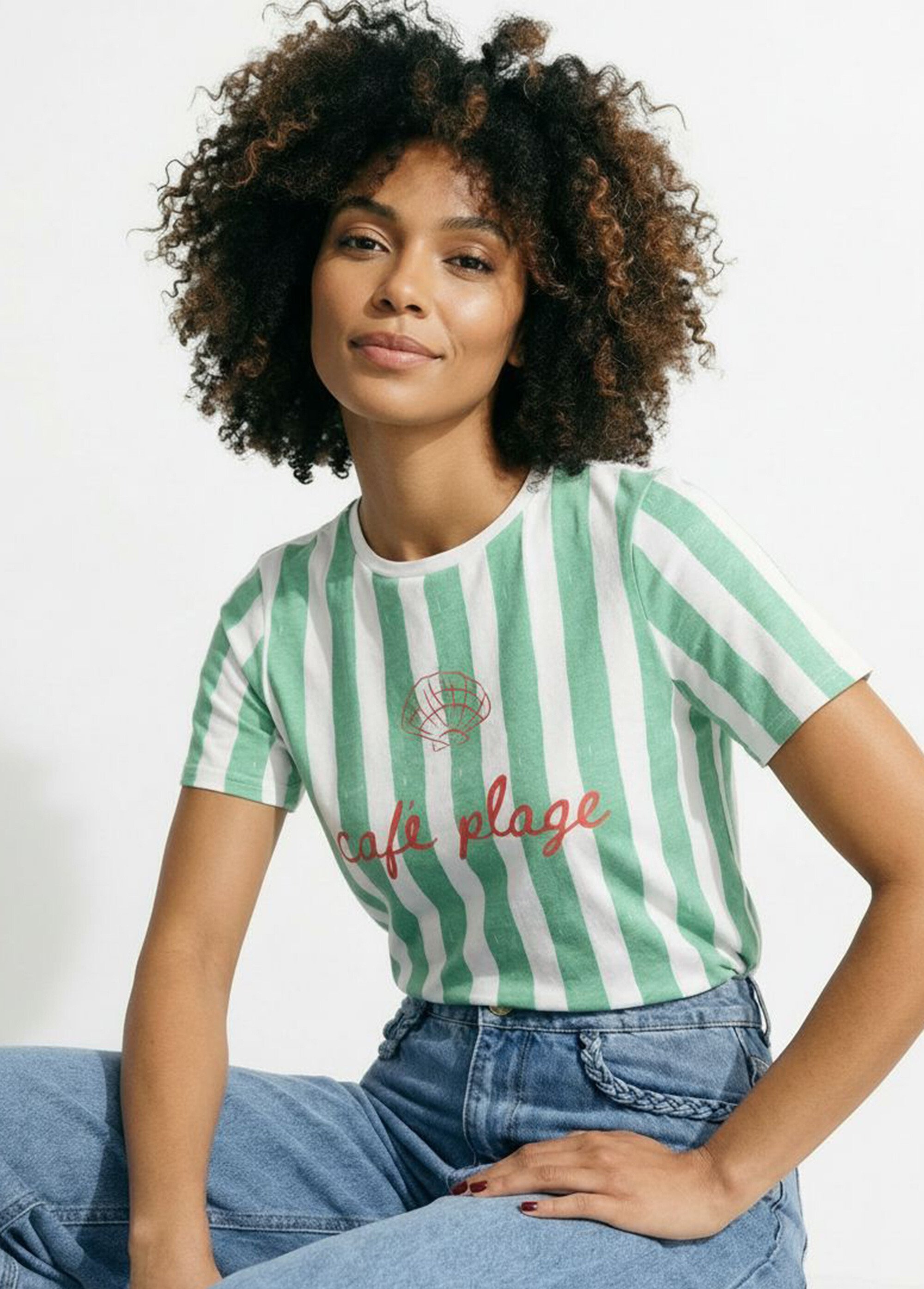 T-shirt rayé col rond message Café plage