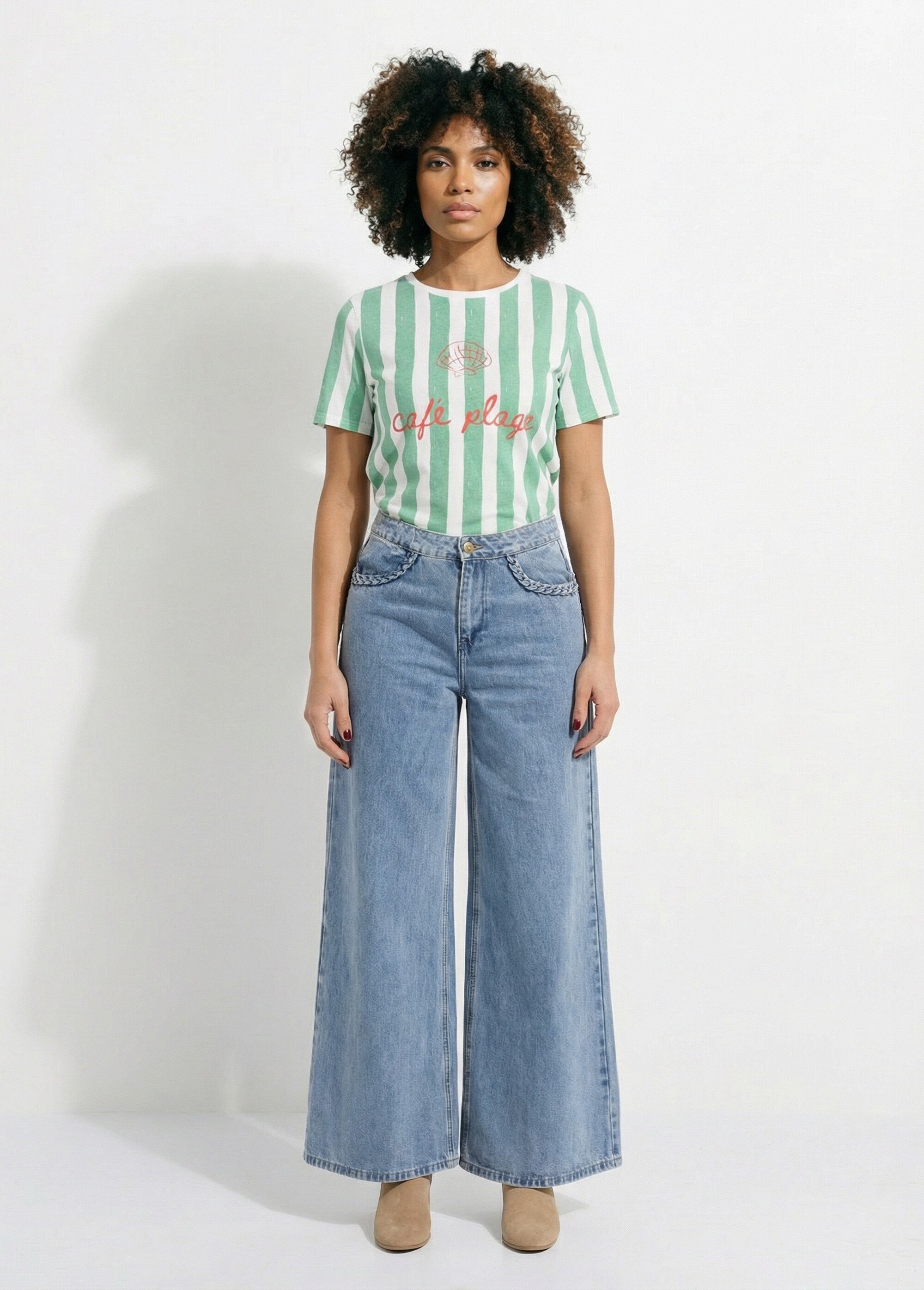 T-shirt rayé col rond message Café plage Femme Vert IA-M1303 SF1