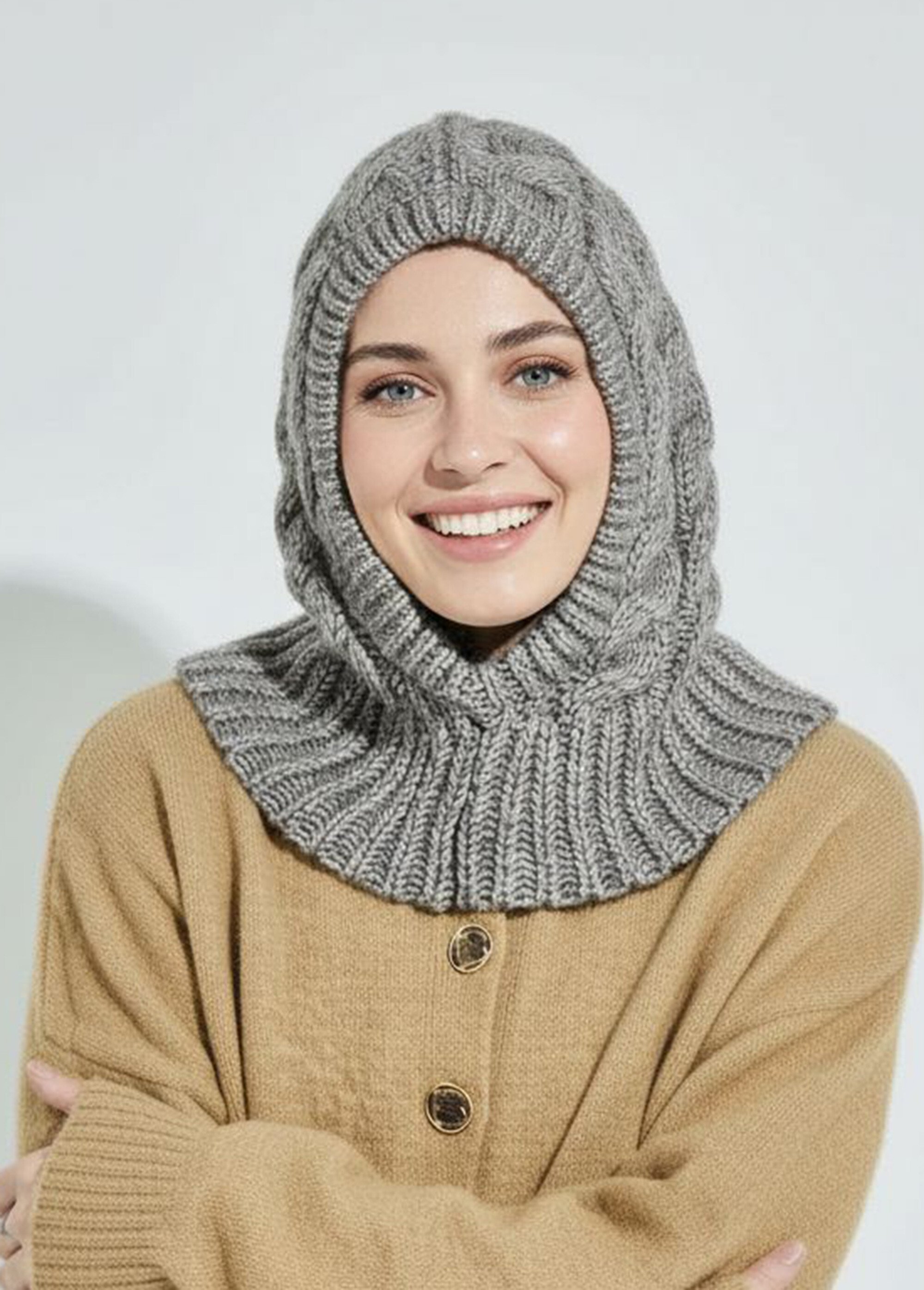 Cagoule chaude en maille tressée chinée Femme Gris ORMM1819 FA1