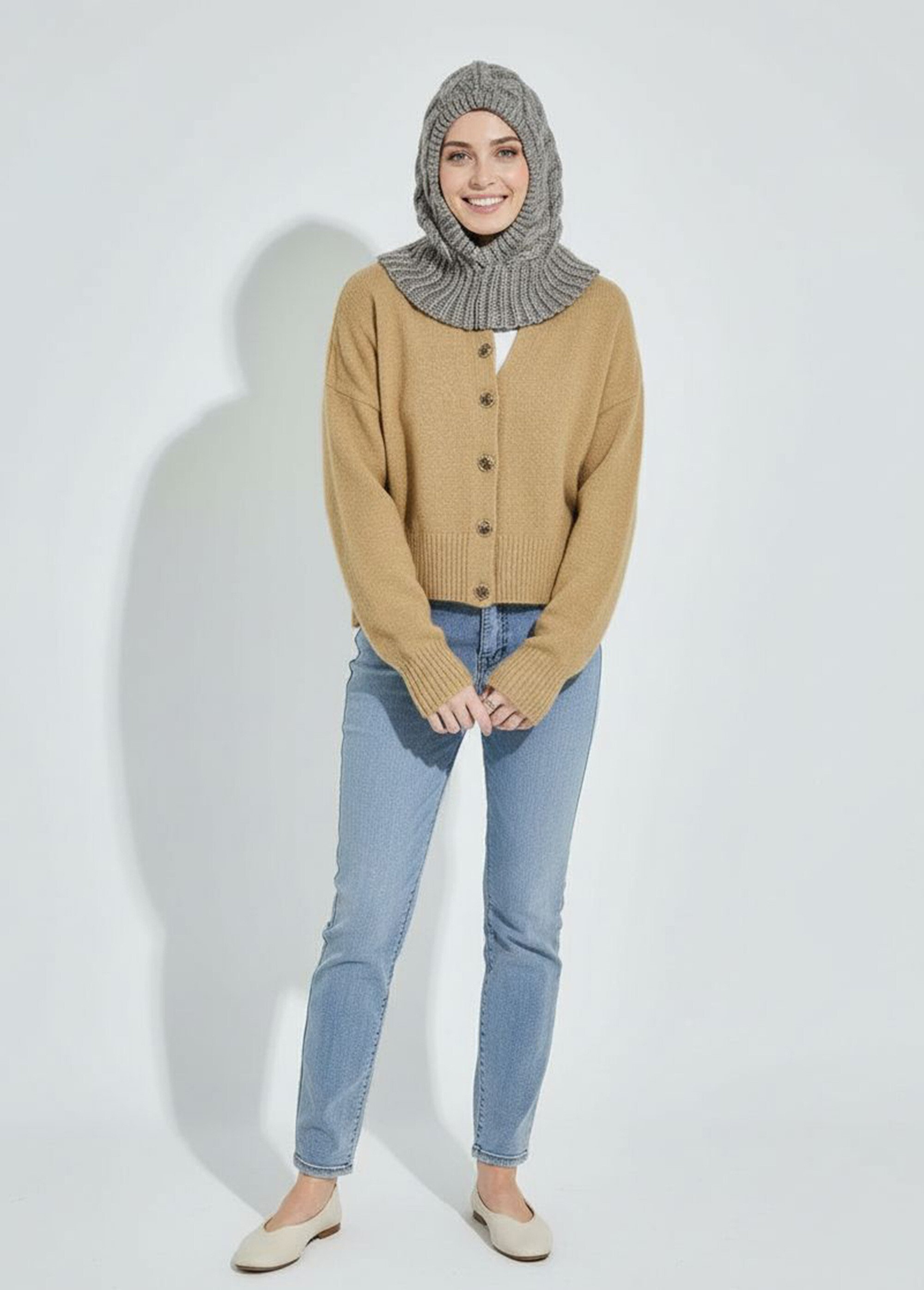 Cagoule chaude en maille tressée chinée Femme Gris ORMM1819 SF1