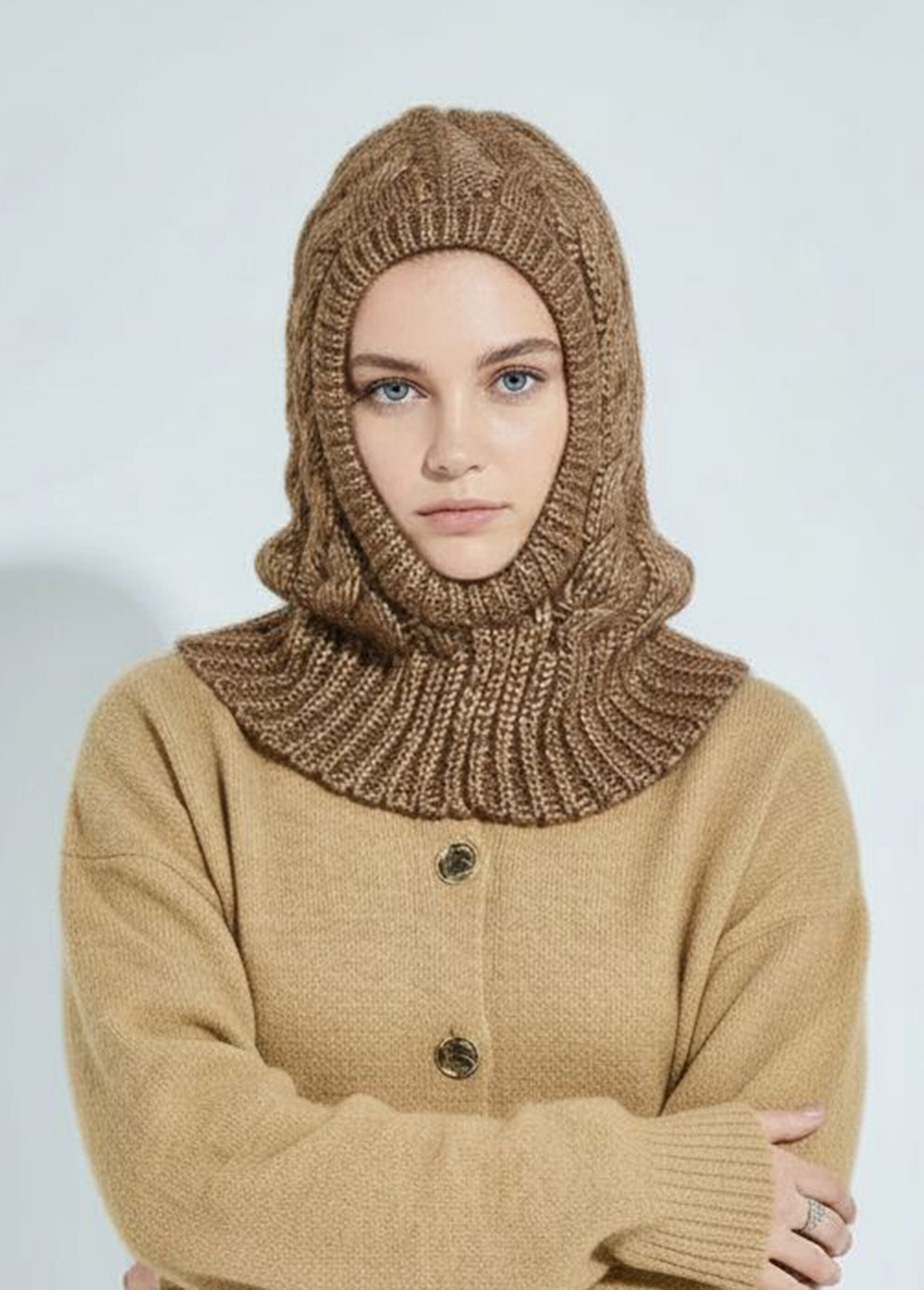 Cagoule chaude en maille tressée chinée Femme Marron ORMM1819 FA1