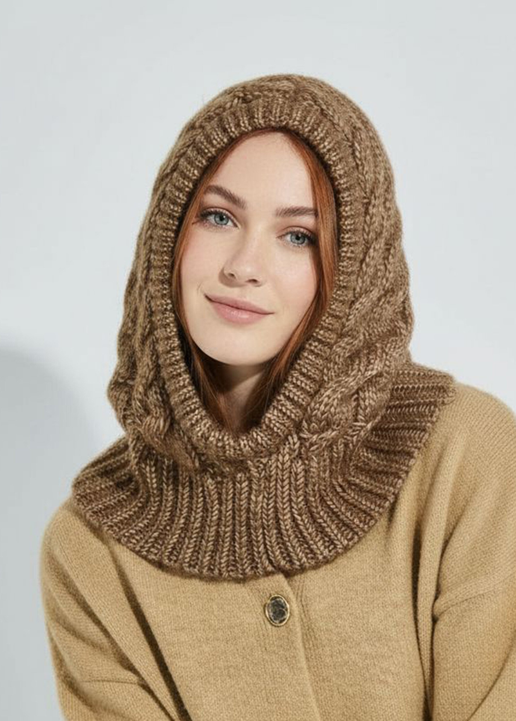 Cagoule chaude en maille tressée chinée Femme Marron ORMM1819 MV1