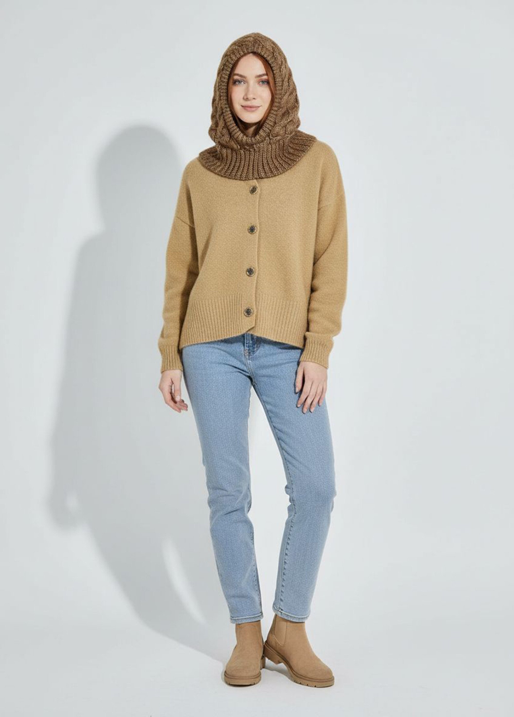 Cagoule chaude en maille tressée chinée Femme Marron ORMM1819 SF1