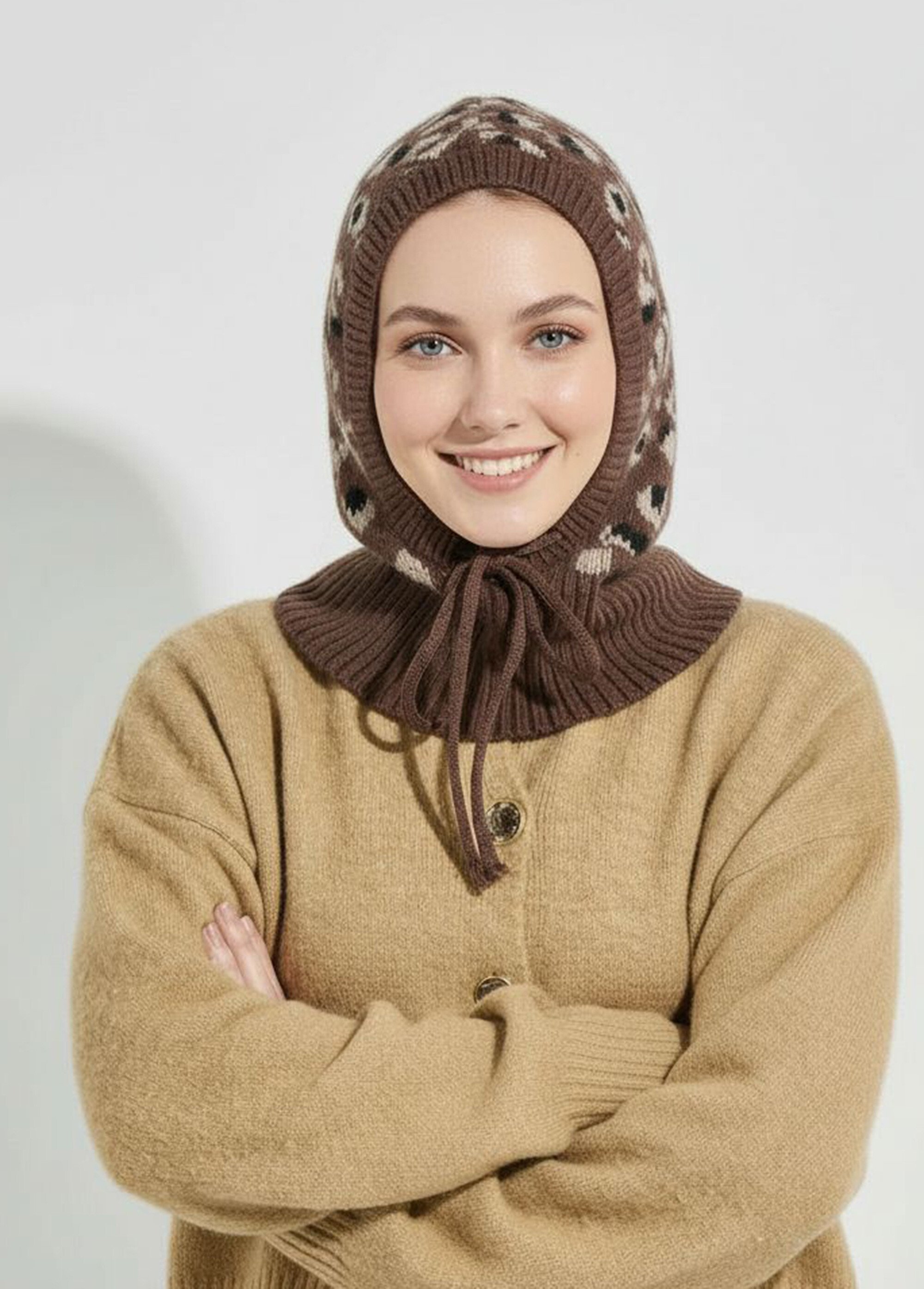 Cagoule maille léopard avec laine Femme Marron ORMM1826 FA1