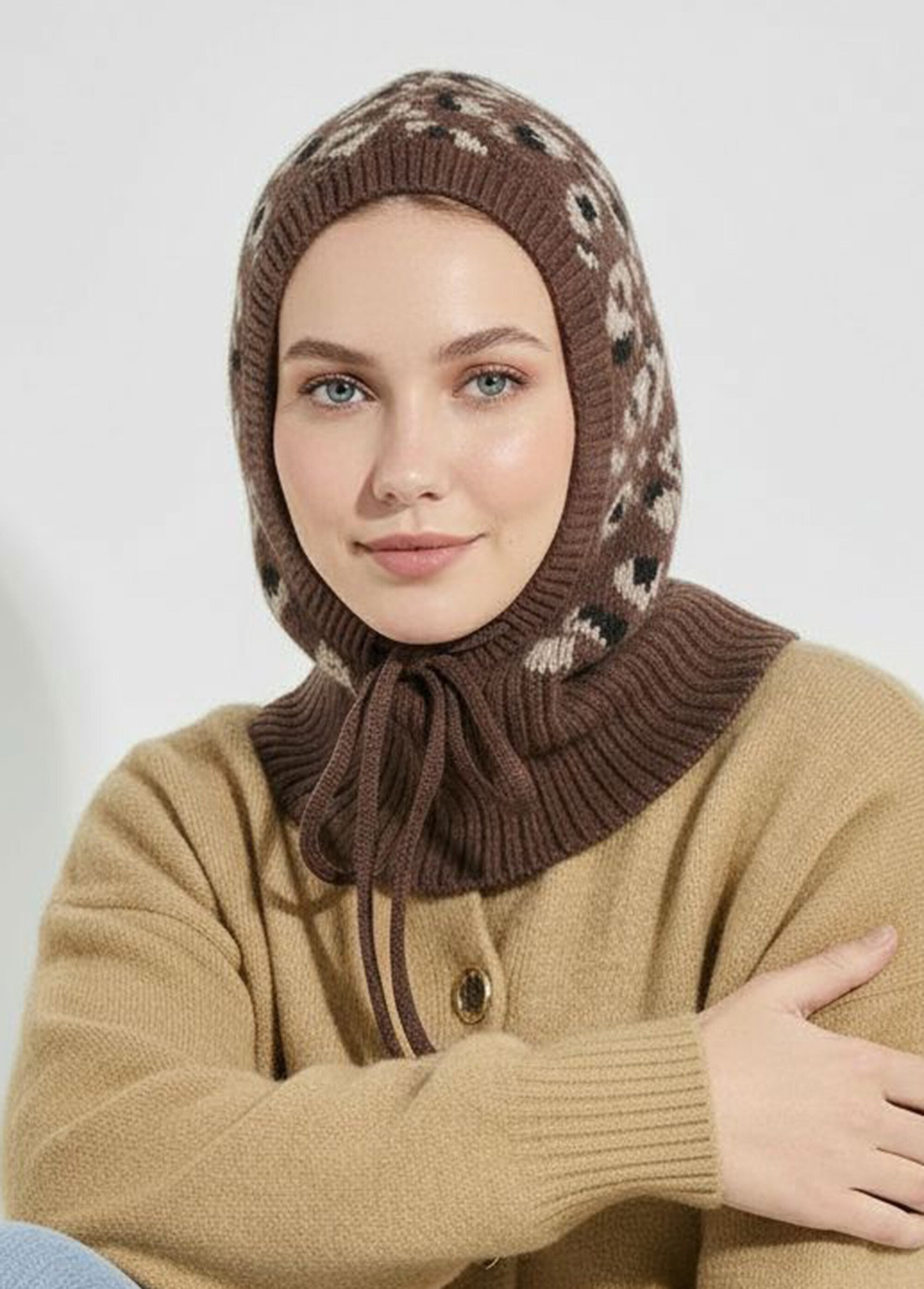 Cagoule maille léopard avec laine Femme Marron ORMM1826 MV1