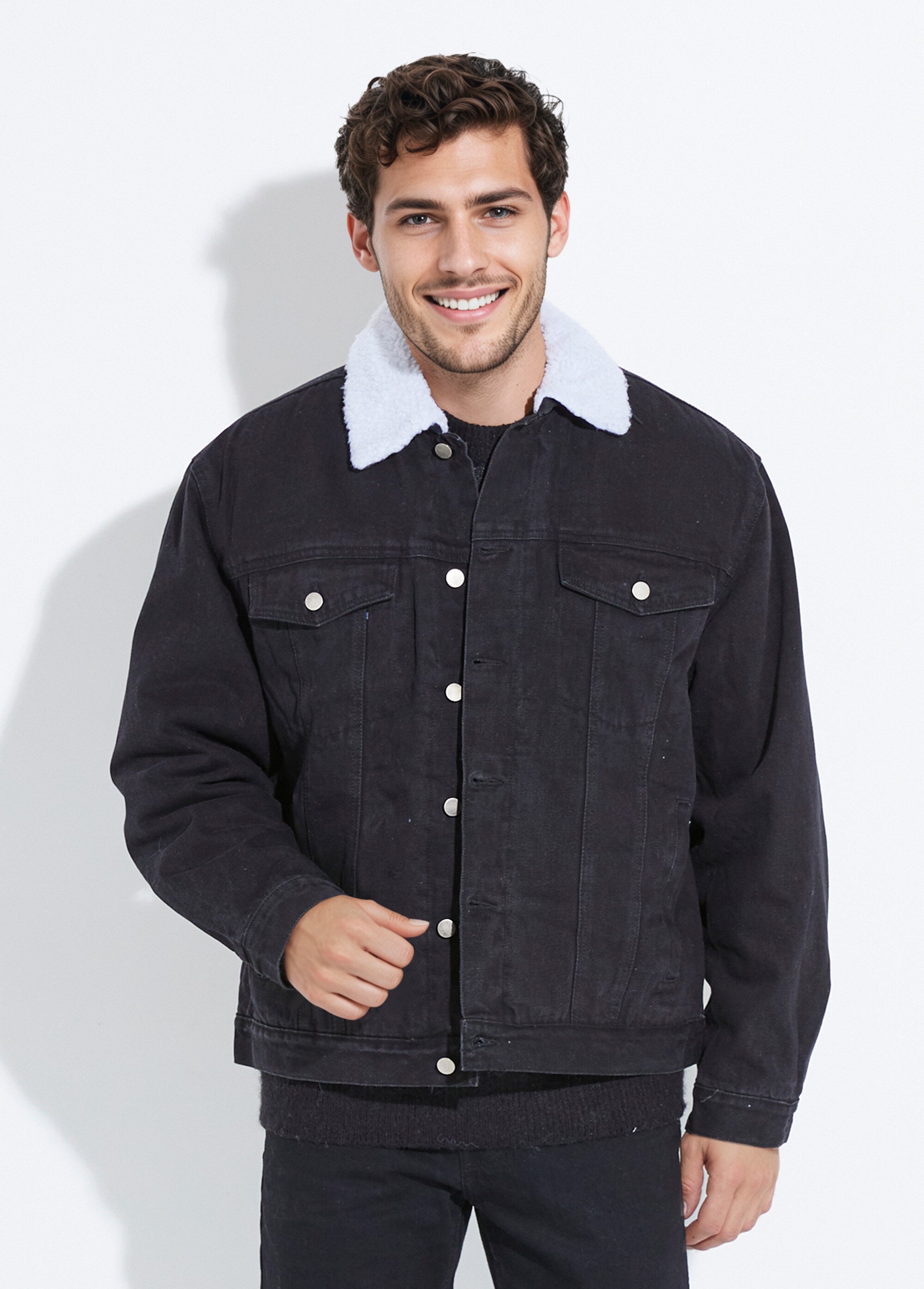 Blouson en jean intérieur fausse fourrure Homme Noir UNIM5-298 FA1