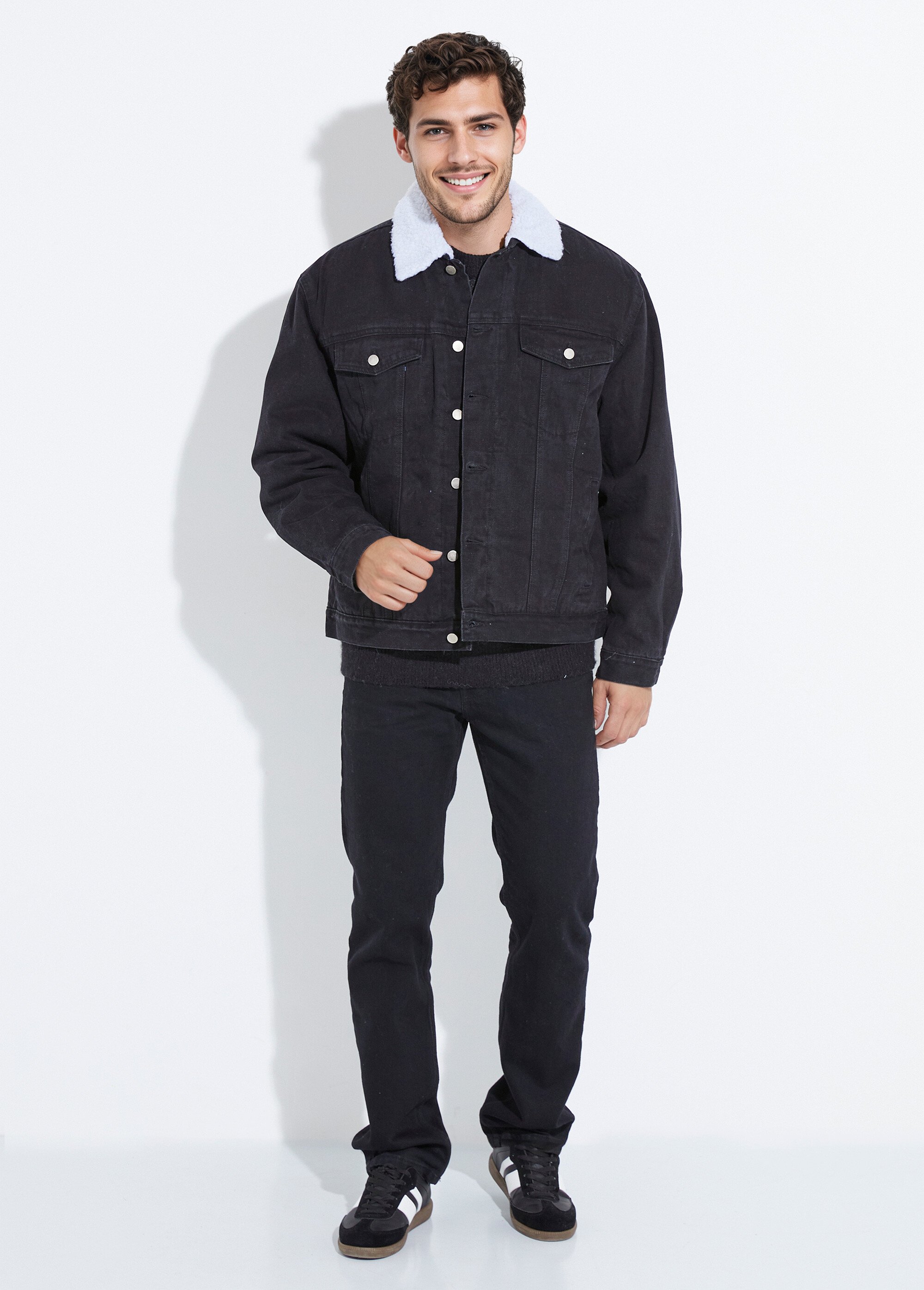 Blouson en jean intérieur fausse fourrure Homme Noir UNIM5-298 SF1