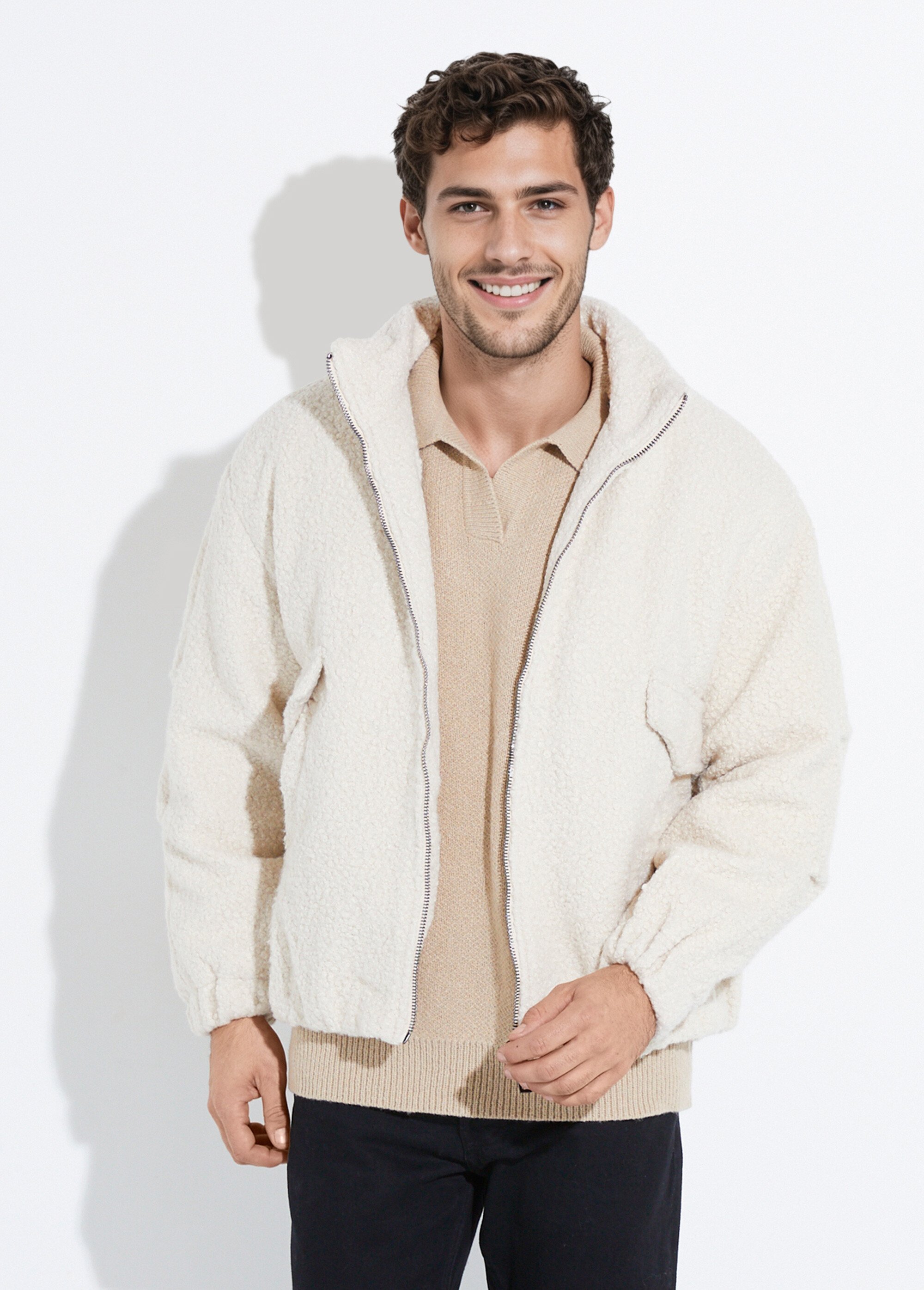 Blouson façon peau lainée, col montant Homme Beige UNIXH-8912 FA1