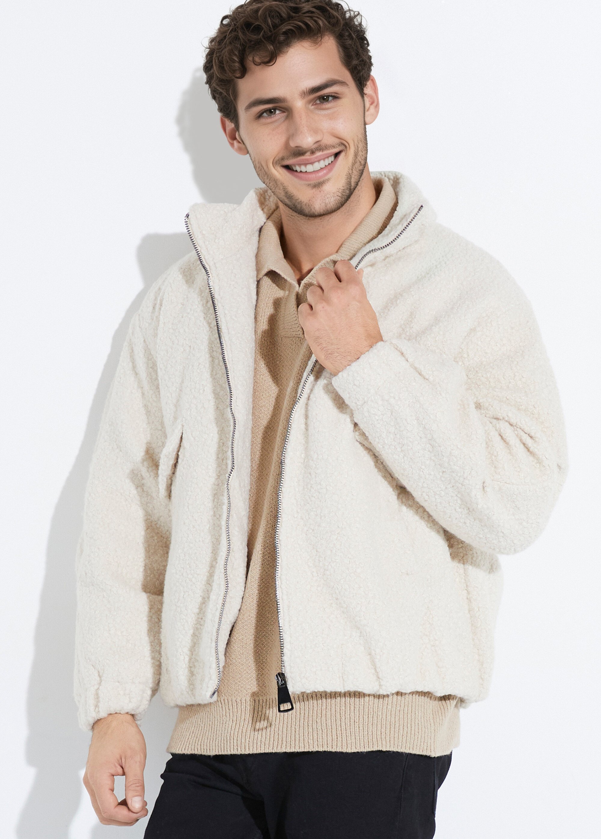 Blouson façon peau lainée, col montant