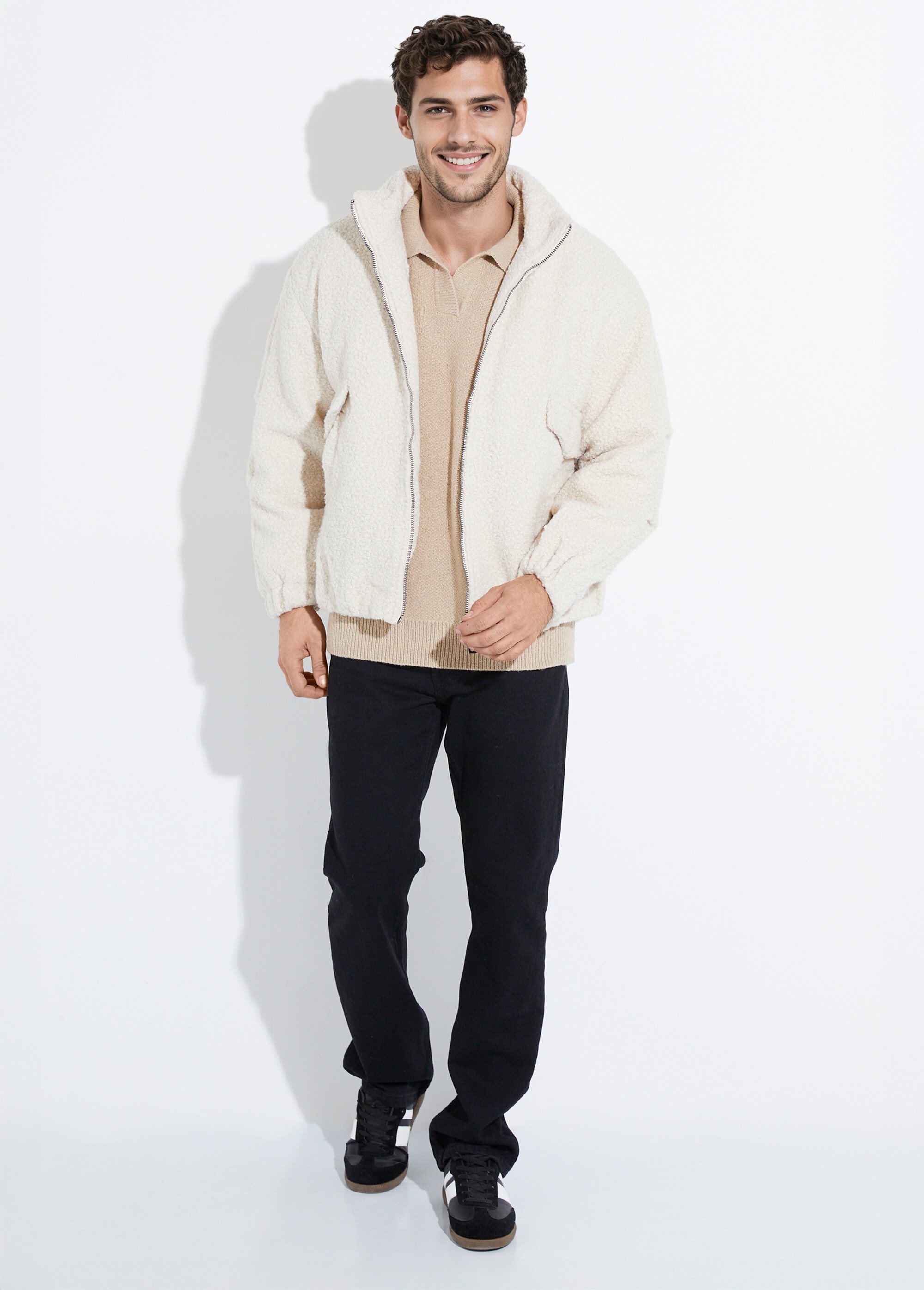 Blouson façon peau lainée, col montant Homme Beige UNIXH-8912 SF1