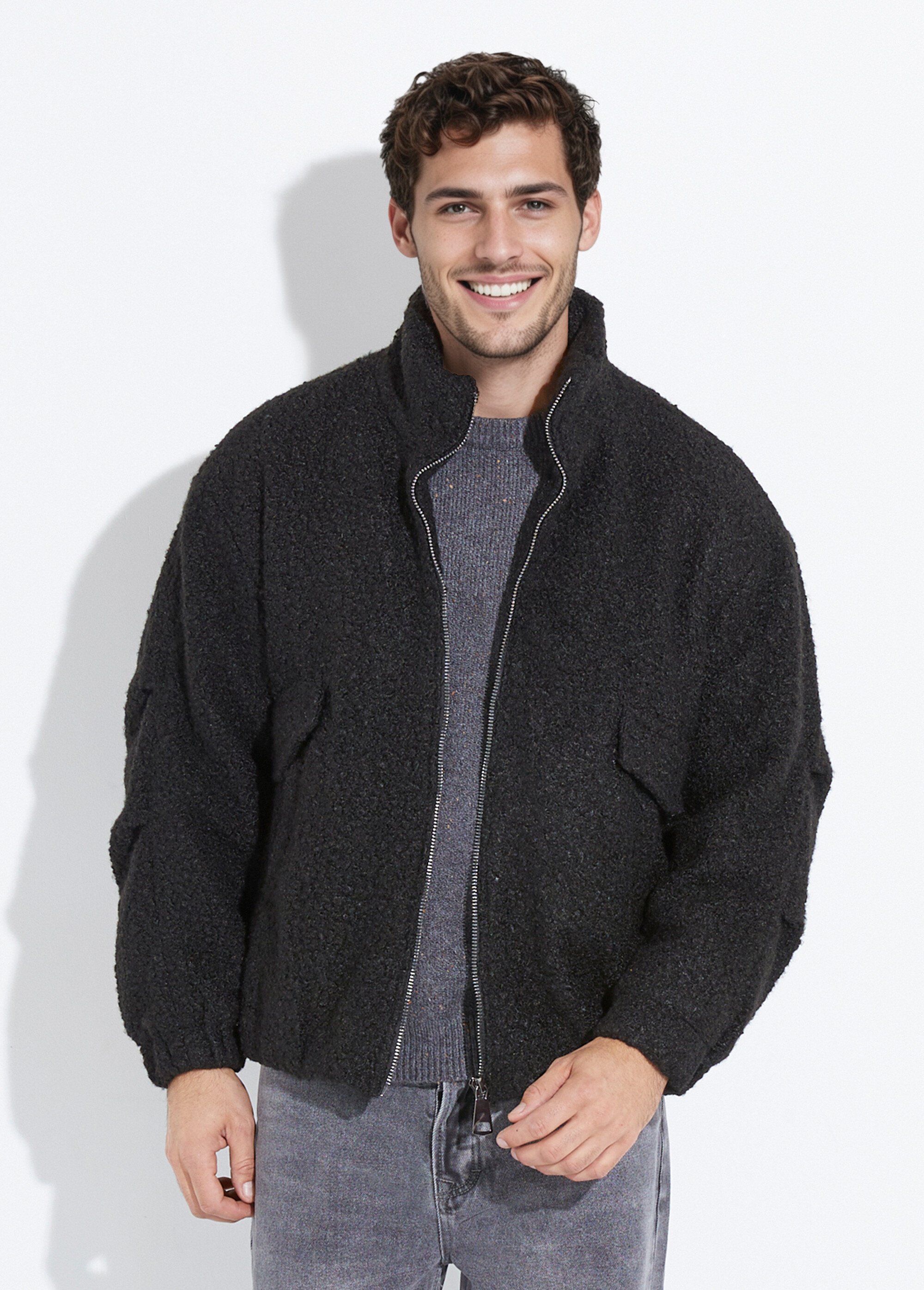 Blouson façon peau lainée, col montant Homme Noir UNIXH-8912 FA1