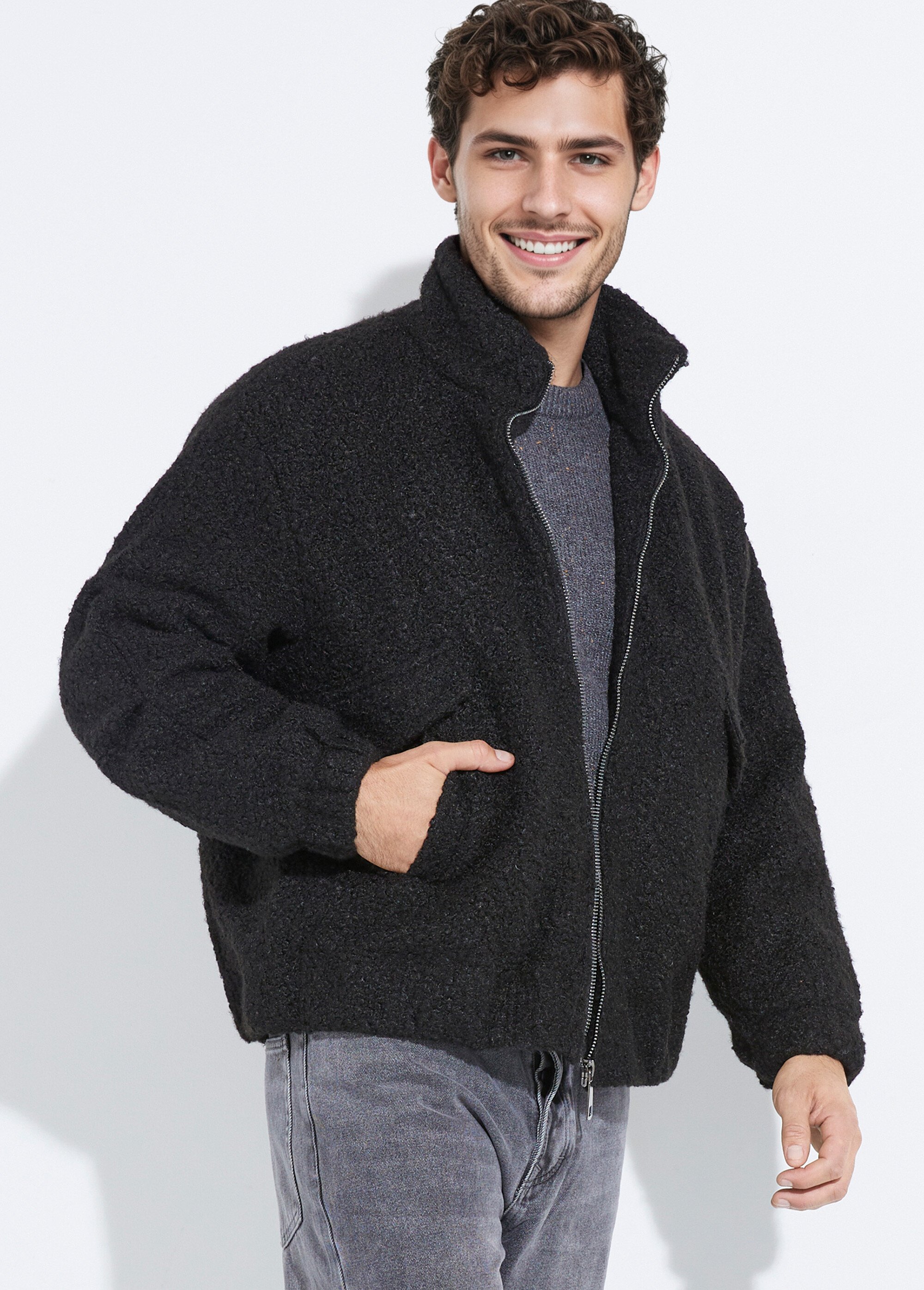 Blouson façon peau lainée, col montant Homme Noir UNIXH-8912 MV1
