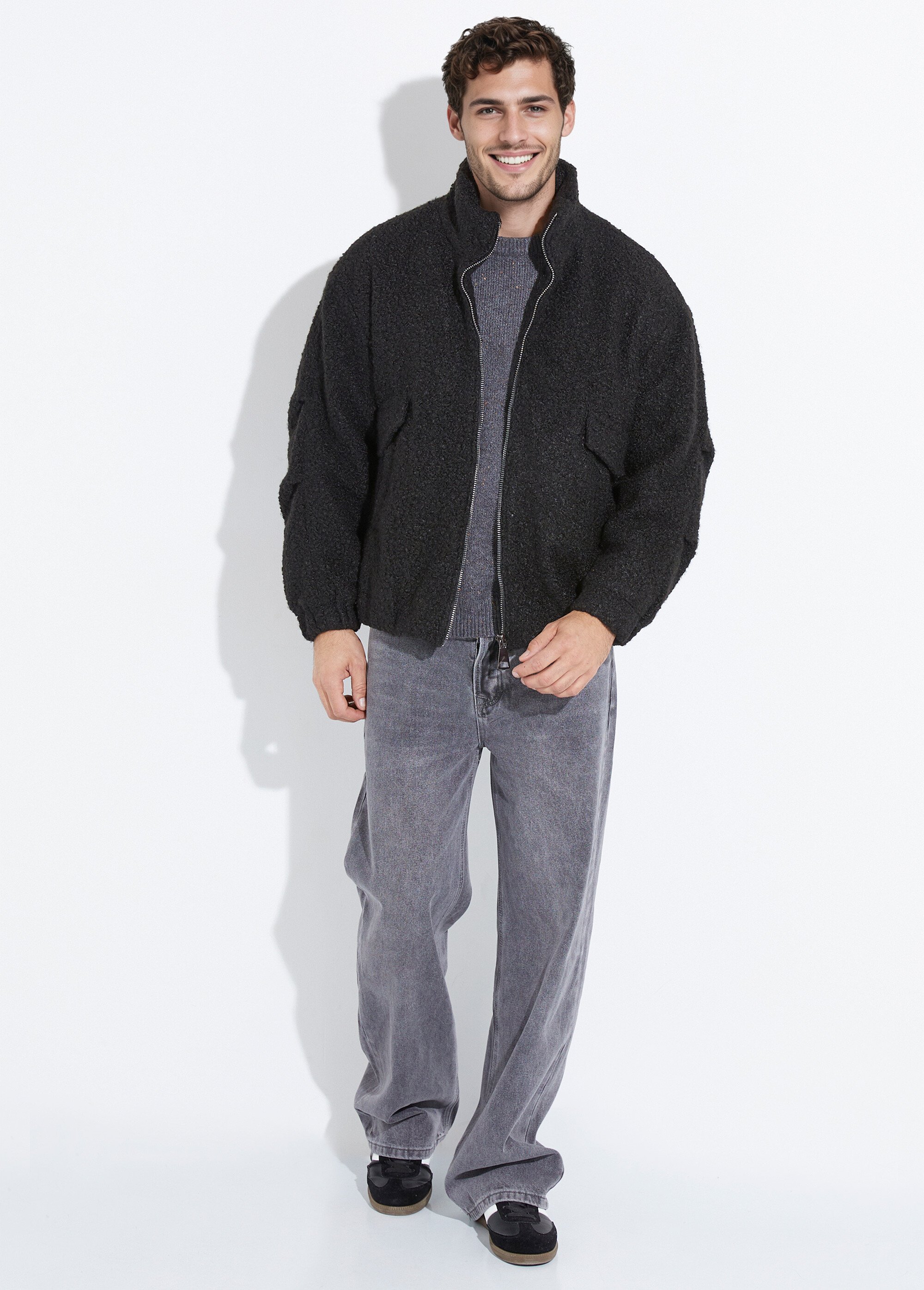 Blouson façon peau lainée, col montant Homme Noir UNIXH-8912 SF1